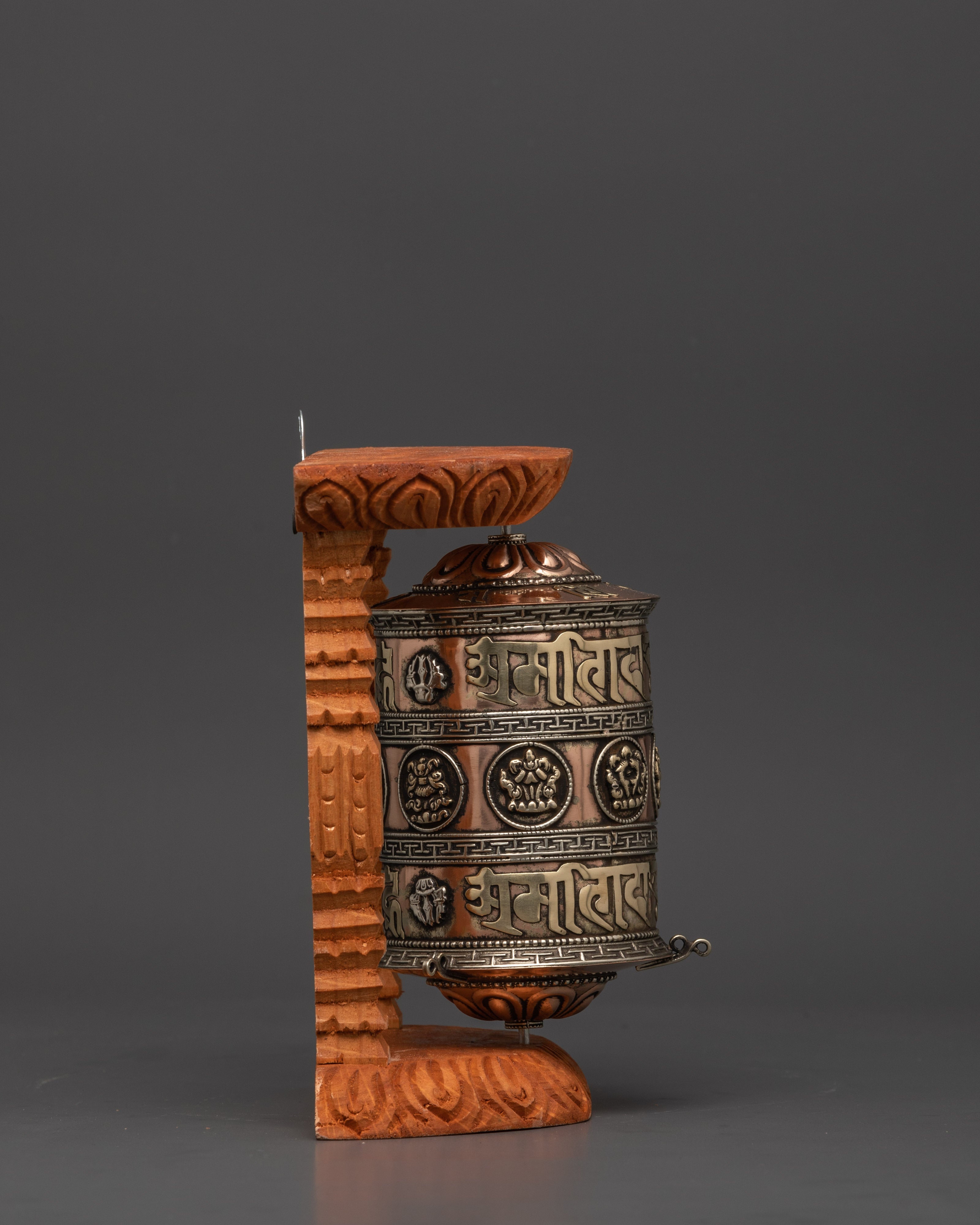 Large Copper & Brass Prayer Wheel | Sacred Wood Frame