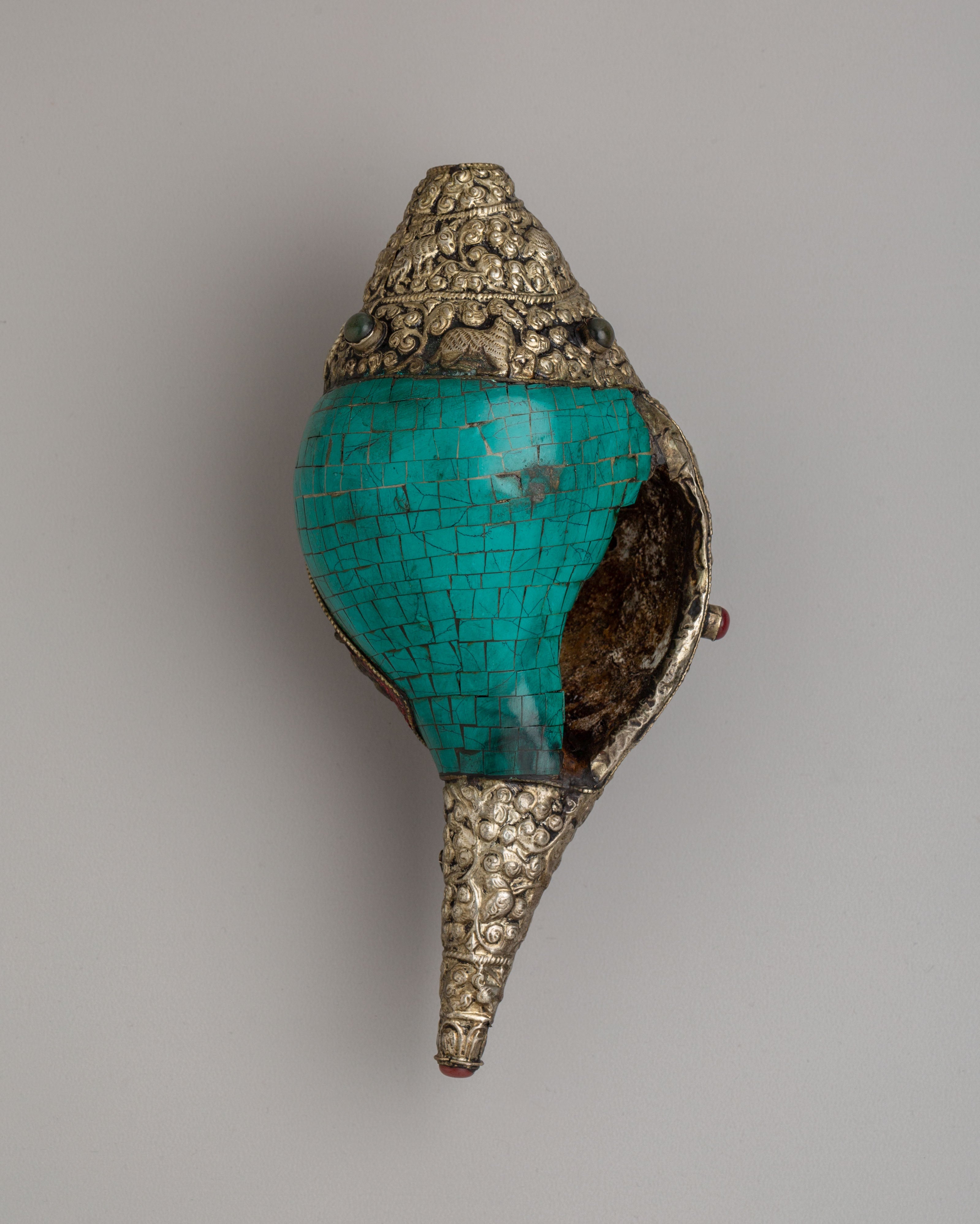 Handmade Tibetan Conch | Gemstone & Coral Inlay