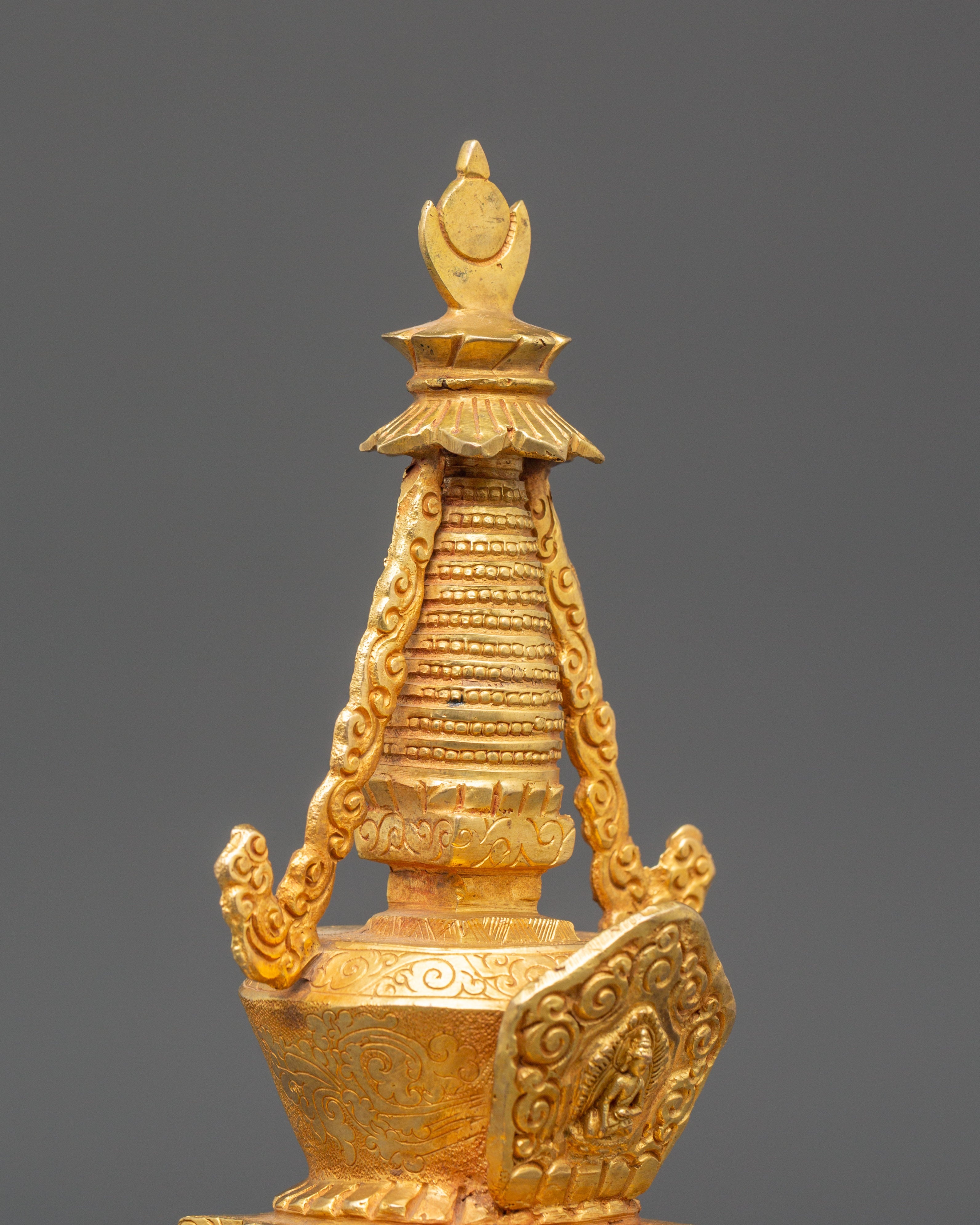 Handcrafted Spiritual Monument Stupa | Gold Plated Tibetan Altar Decor