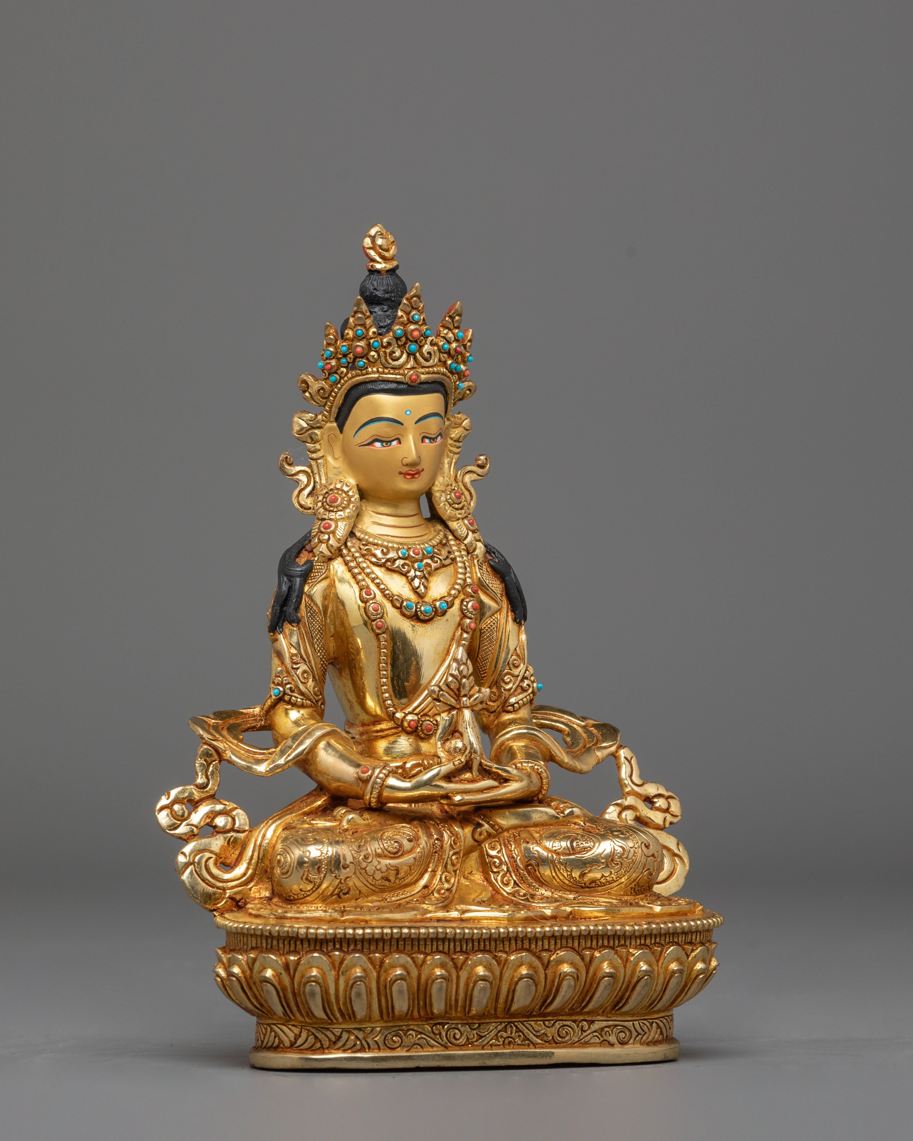 Sacred Amitayus Buddha Statue | Gold Plated Sculpture with Coral & Turquoise