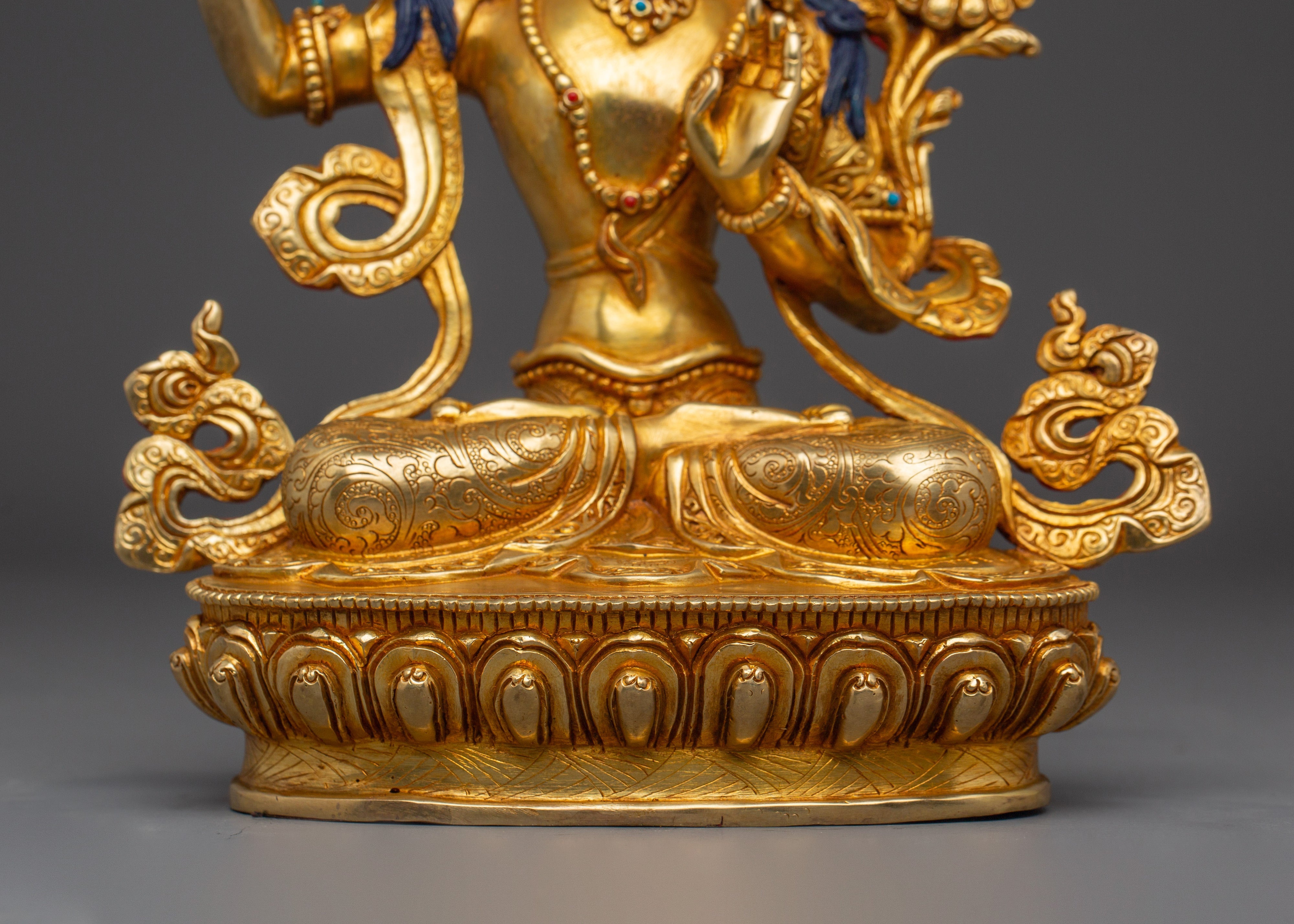 Tibetan Gold Gilded Manjushri Statue | Bodhisattva Deity with Gemstones and Copper Body