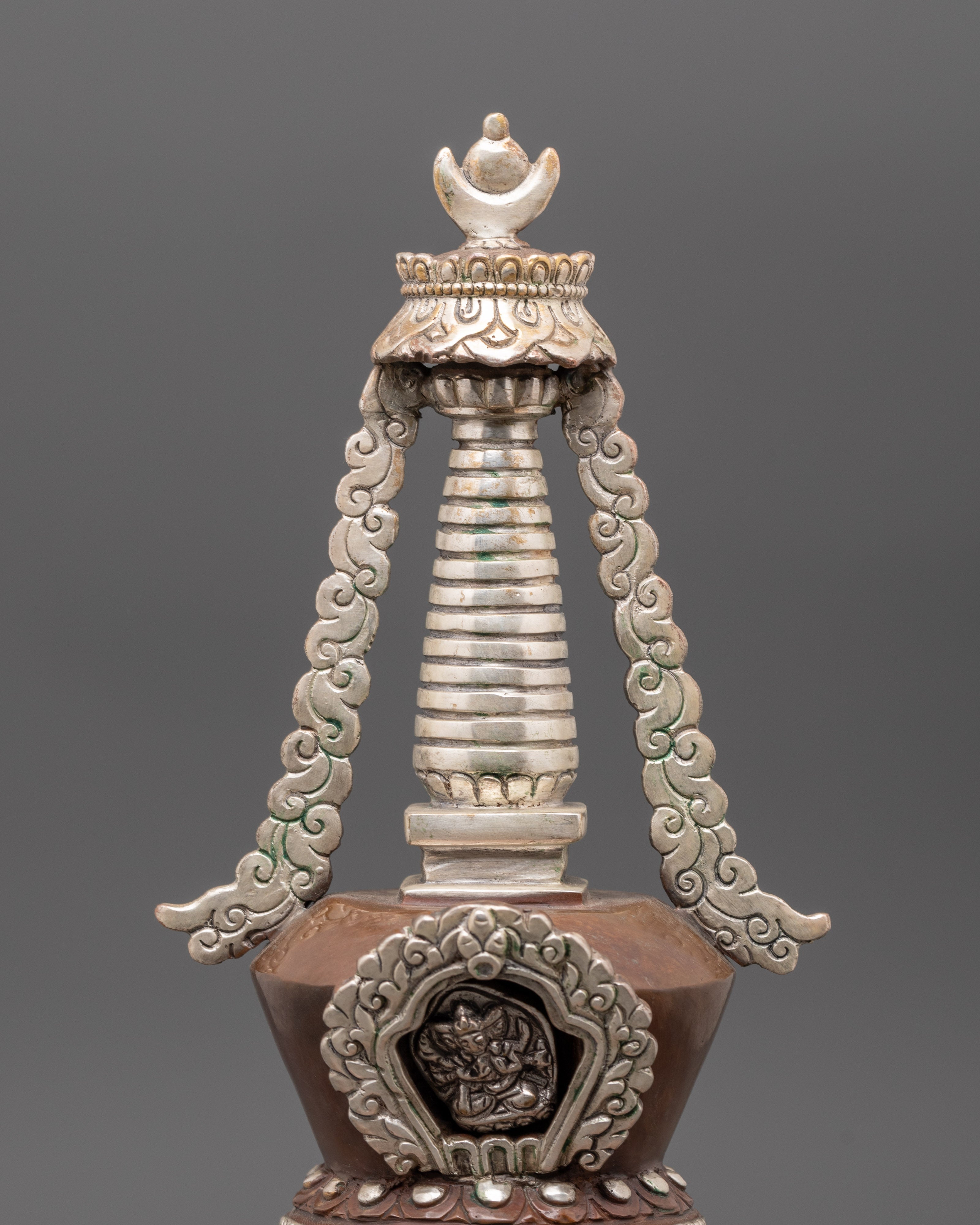 Handcrafted Stupa with Protective Deity | Silver Plated Tibetan Stupa