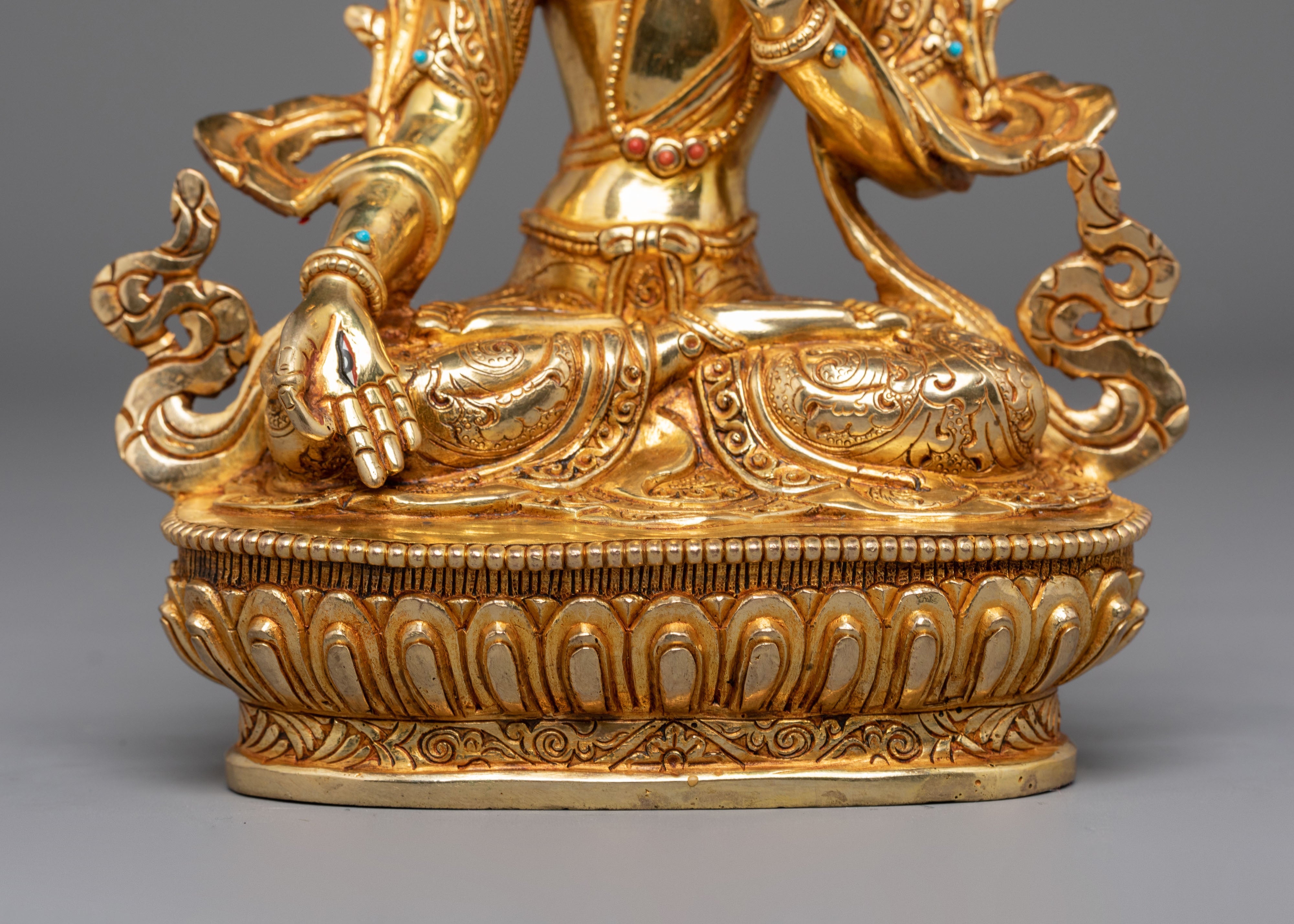 Statue of Sita Tara | Gold Plated Copper Sculpture with Coral and Turquoise
