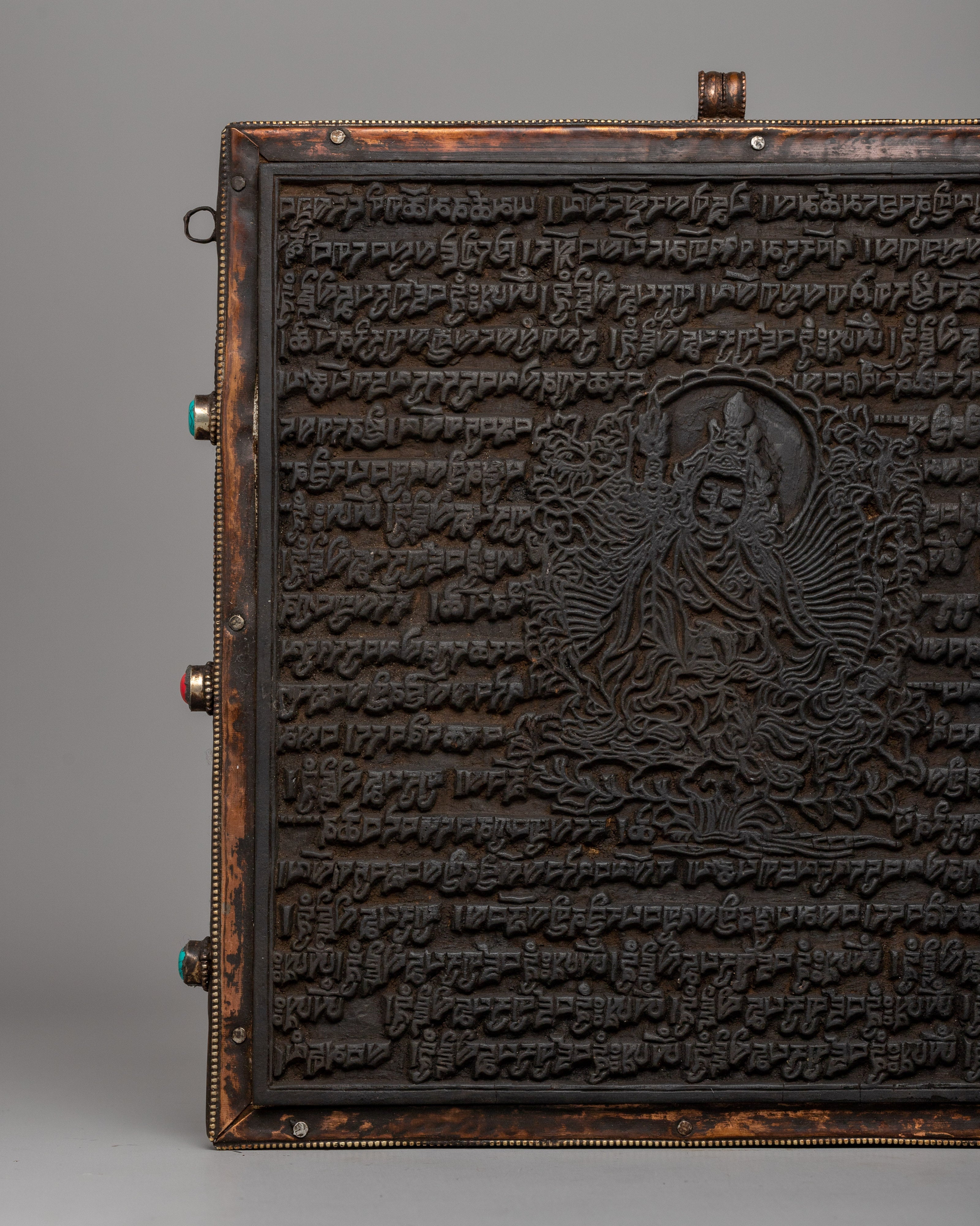 Hand-Carved Flag Stamp of Guru Rinpoche in Copper and Wood | Meditation and Rituals