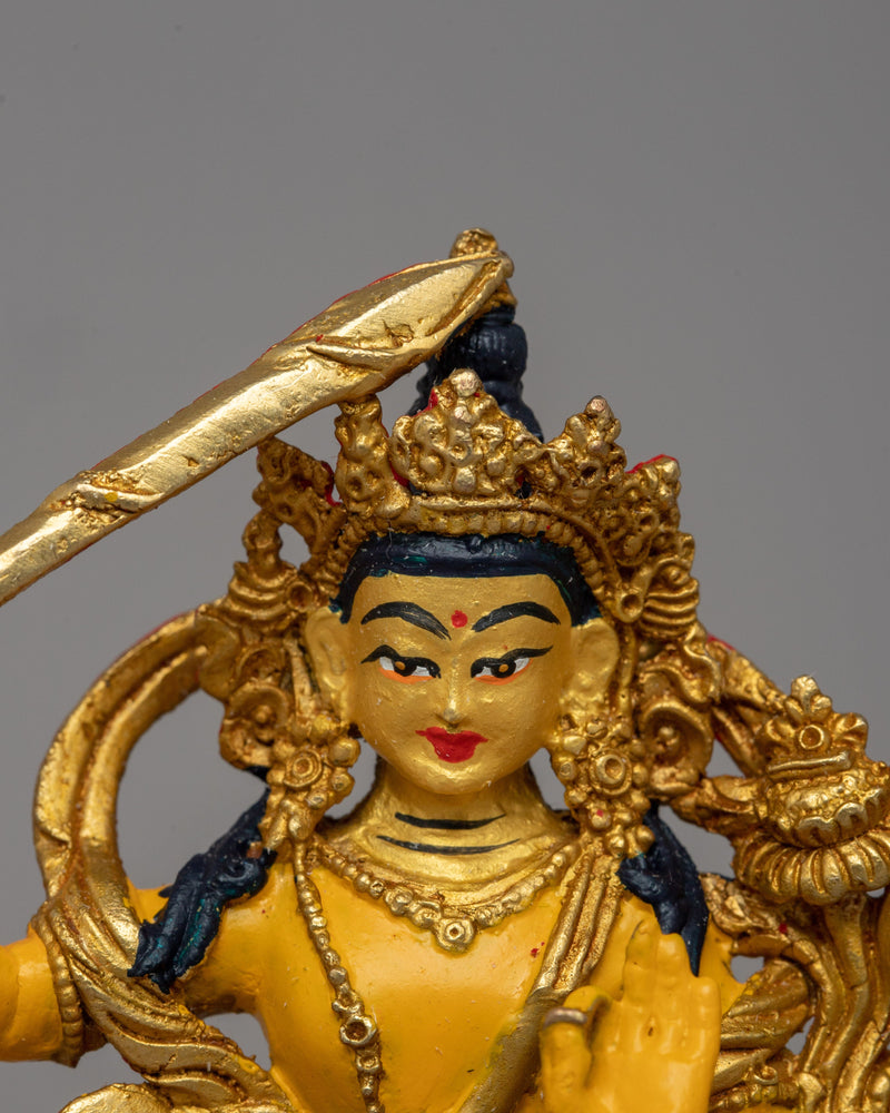 Gold-Plated Manjushri Sculpture |  Wisdom and Enlightenment Buddhist Sculpture