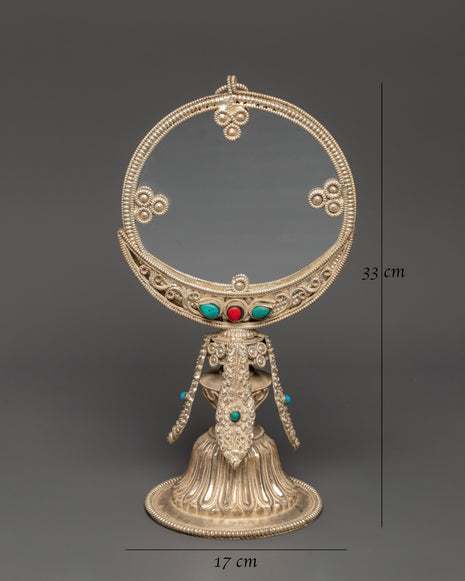 Tibetan Double-Sided Mirror |  White Metal Buddhist Altar Decor