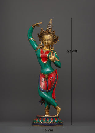 Maya Devi Brass Statue | Brass Sculpture with Turquoise & Coral Inlay