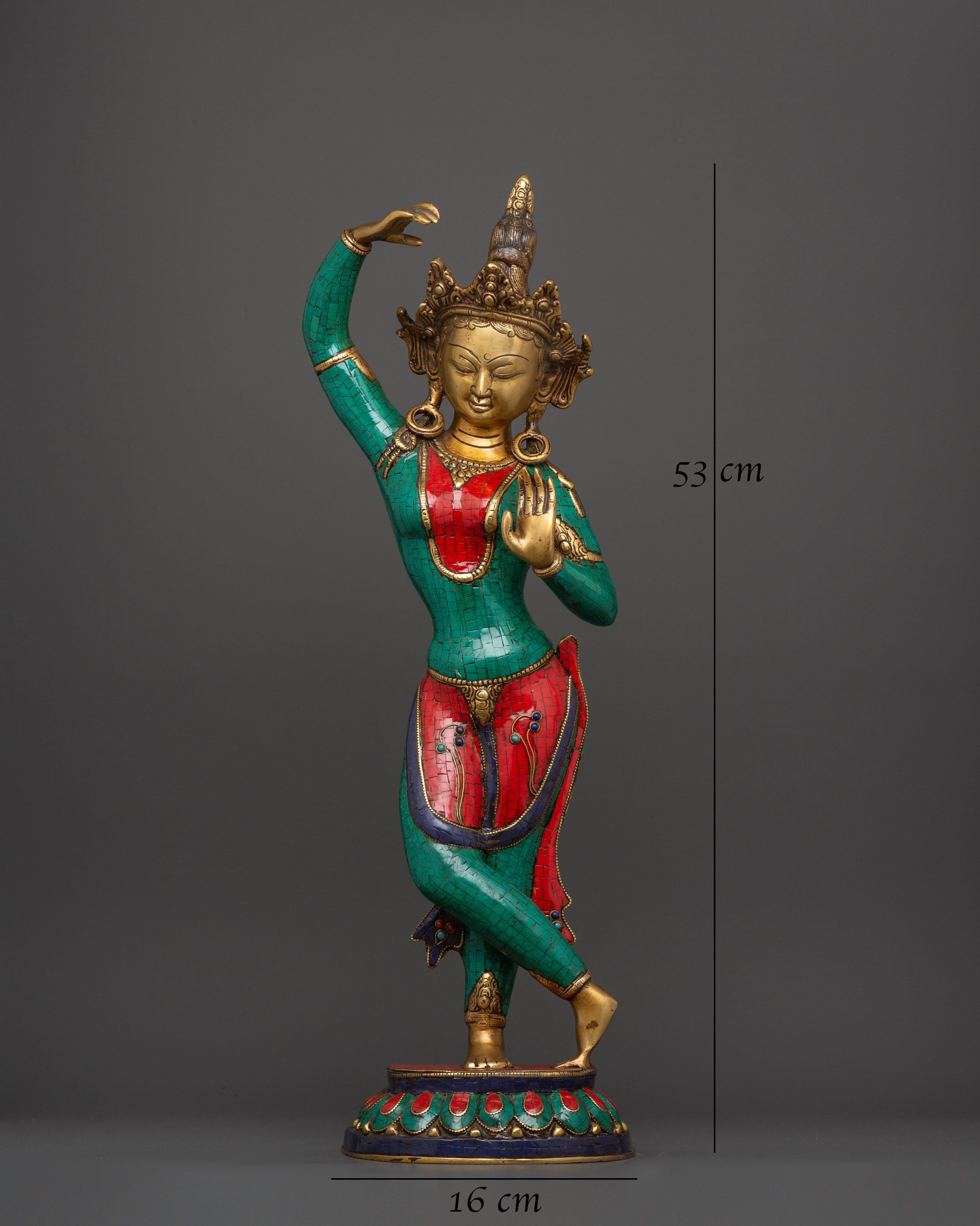 Maya Devi Brass Statue | Brass Sculpture with Turquoise & Coral Inlay