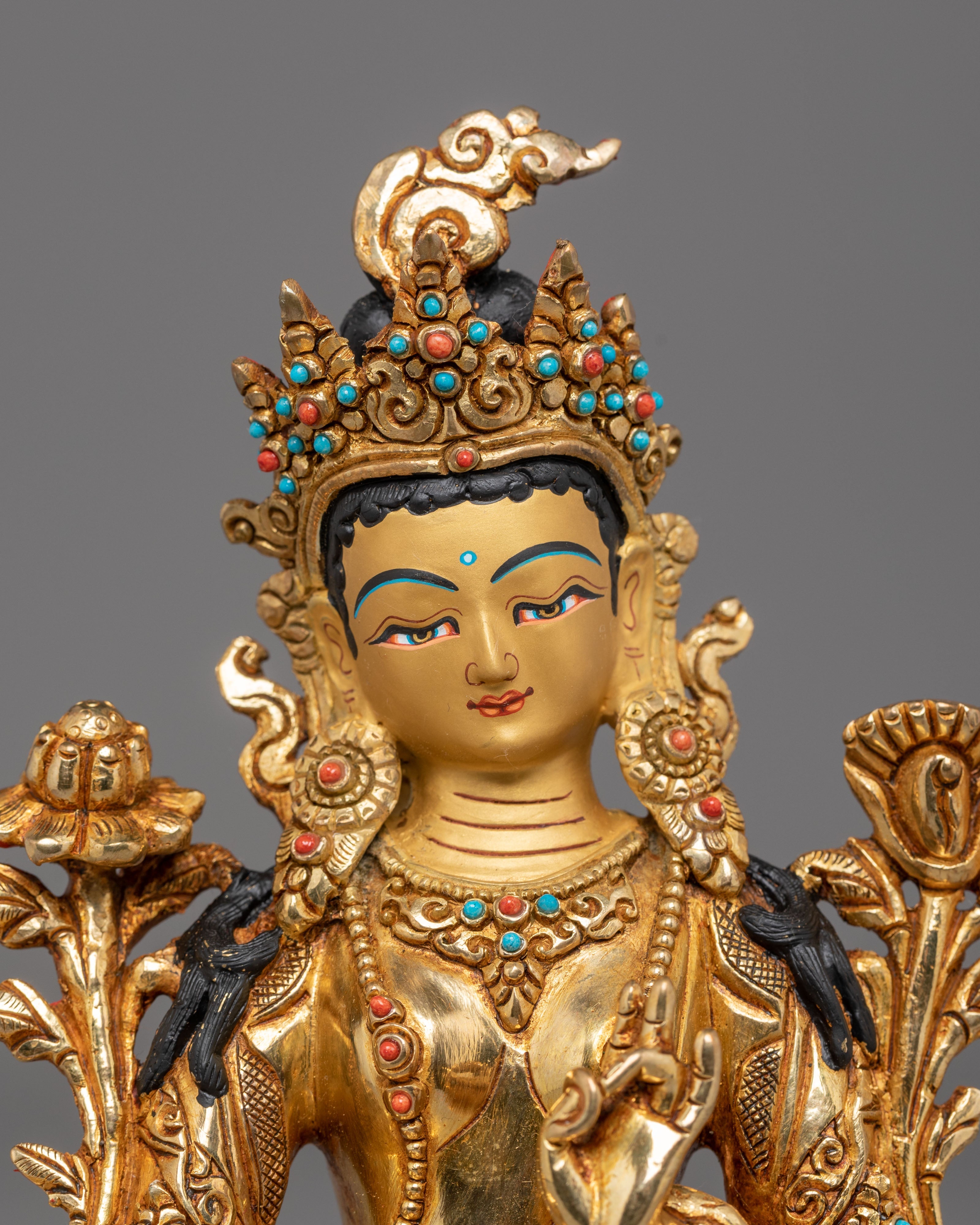 Mother Shyama Tara Sacred Statue | Gold Plated Copper Sculpture with Coral & Turquoise