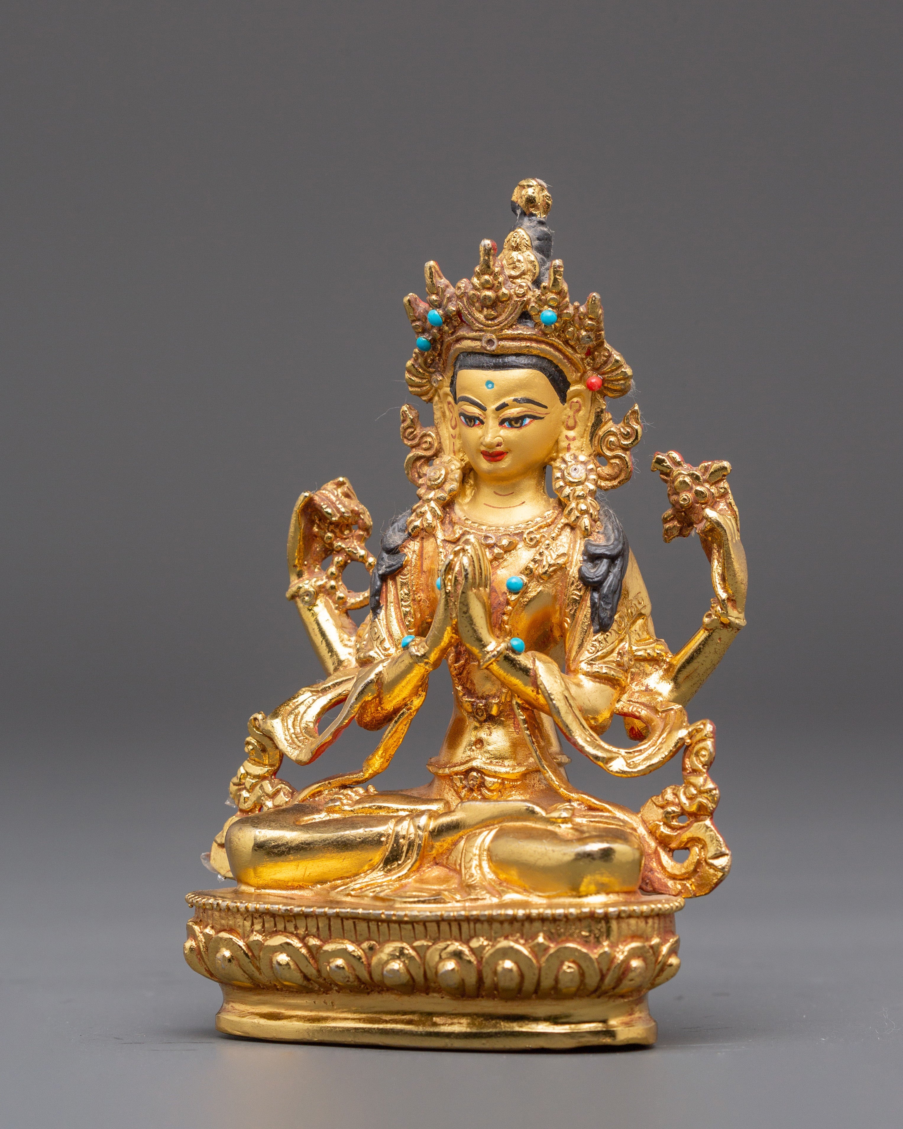 Sacred Bodhisattva Chenrezig Handmade Statue | Gold Plated Tibetan Deity Sculpture