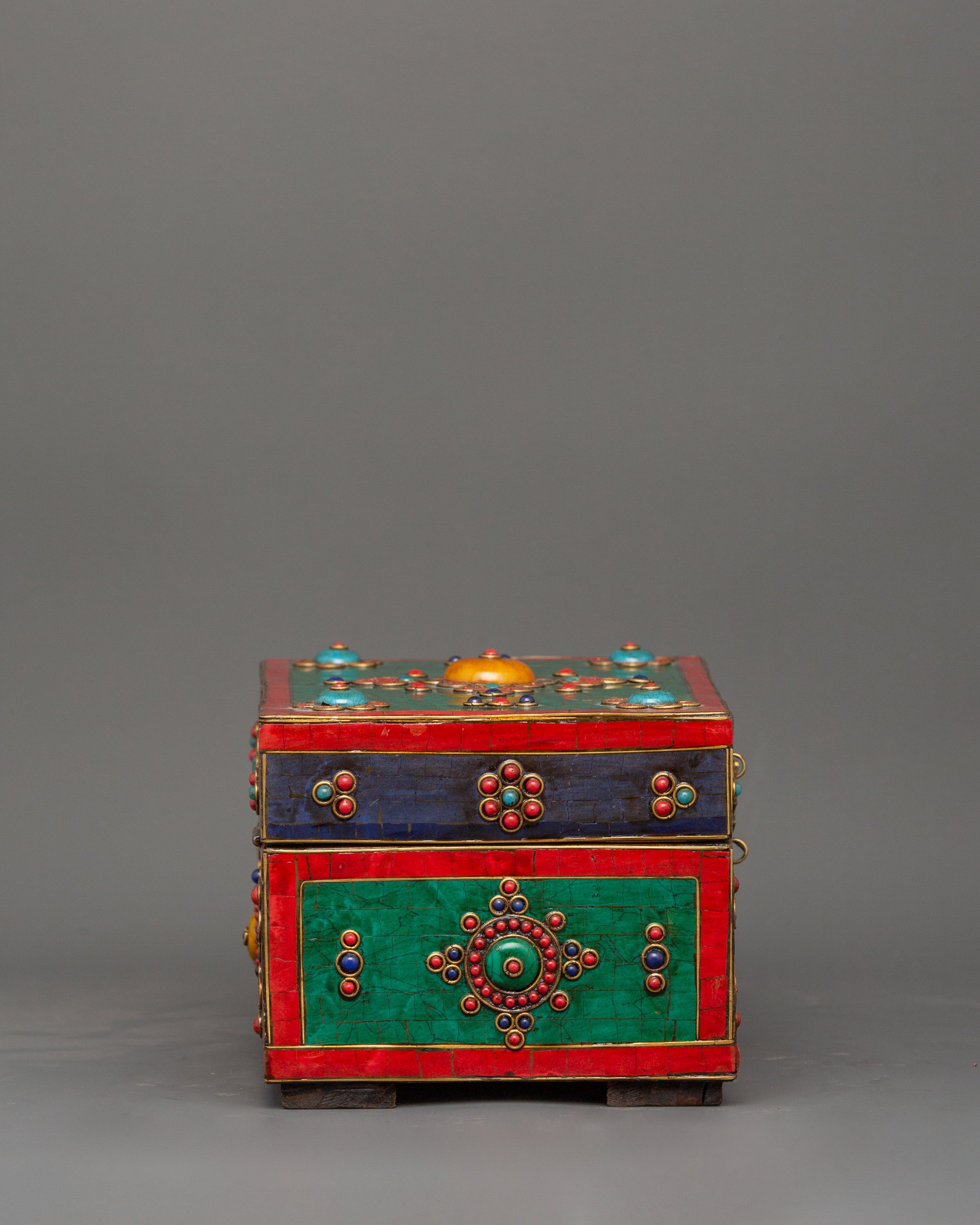 Hand-Painted Tibetan Wooden Box with Brass | Jewelry or Ritual Box