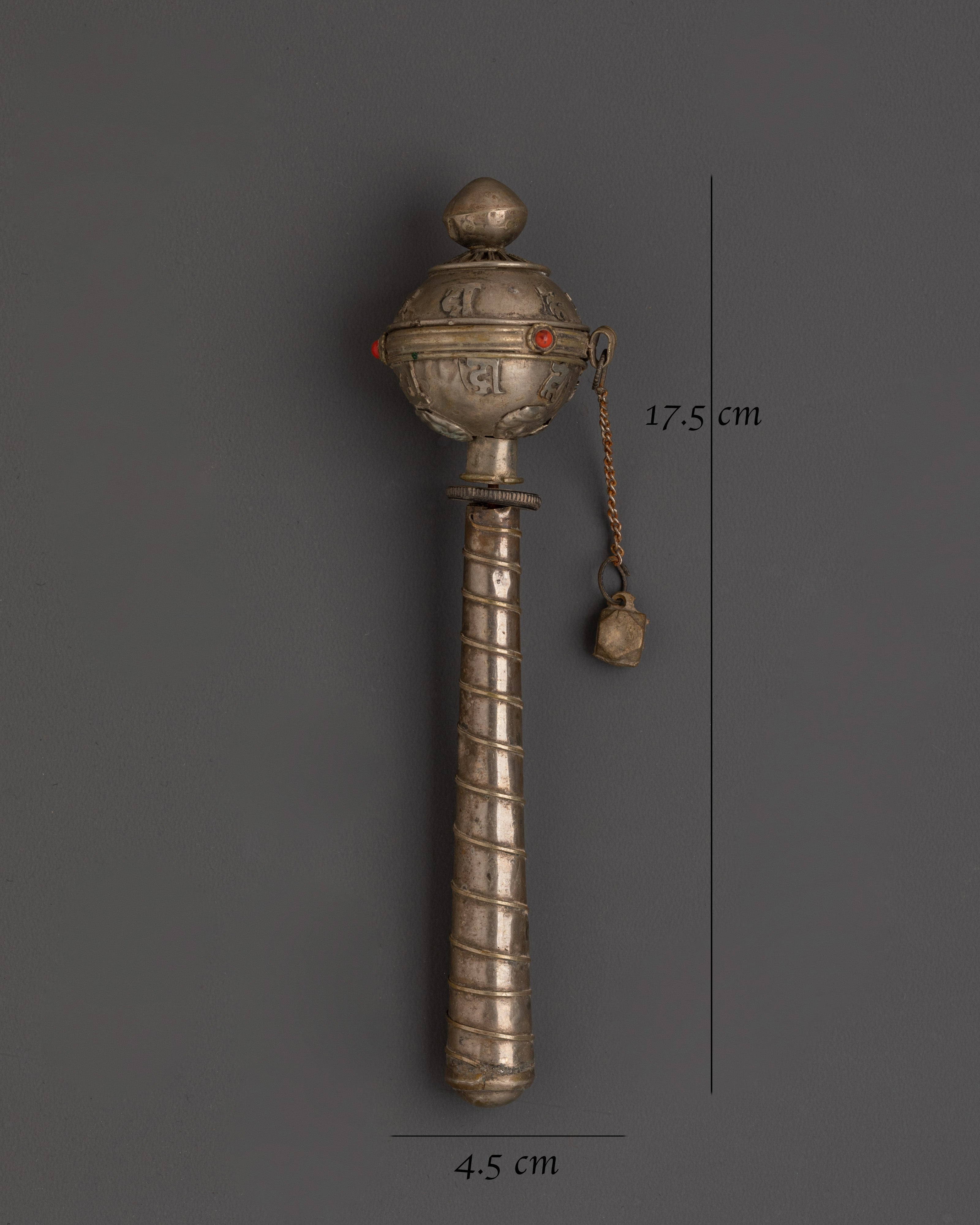 Handcrafted Buddhist Sacred Prayer Wheel | White Metal with Coral Inlays