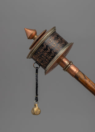 Compact Copper & Wood Buddhist Prayer Wheel | Handcrafted Ritual Tool for Meditation