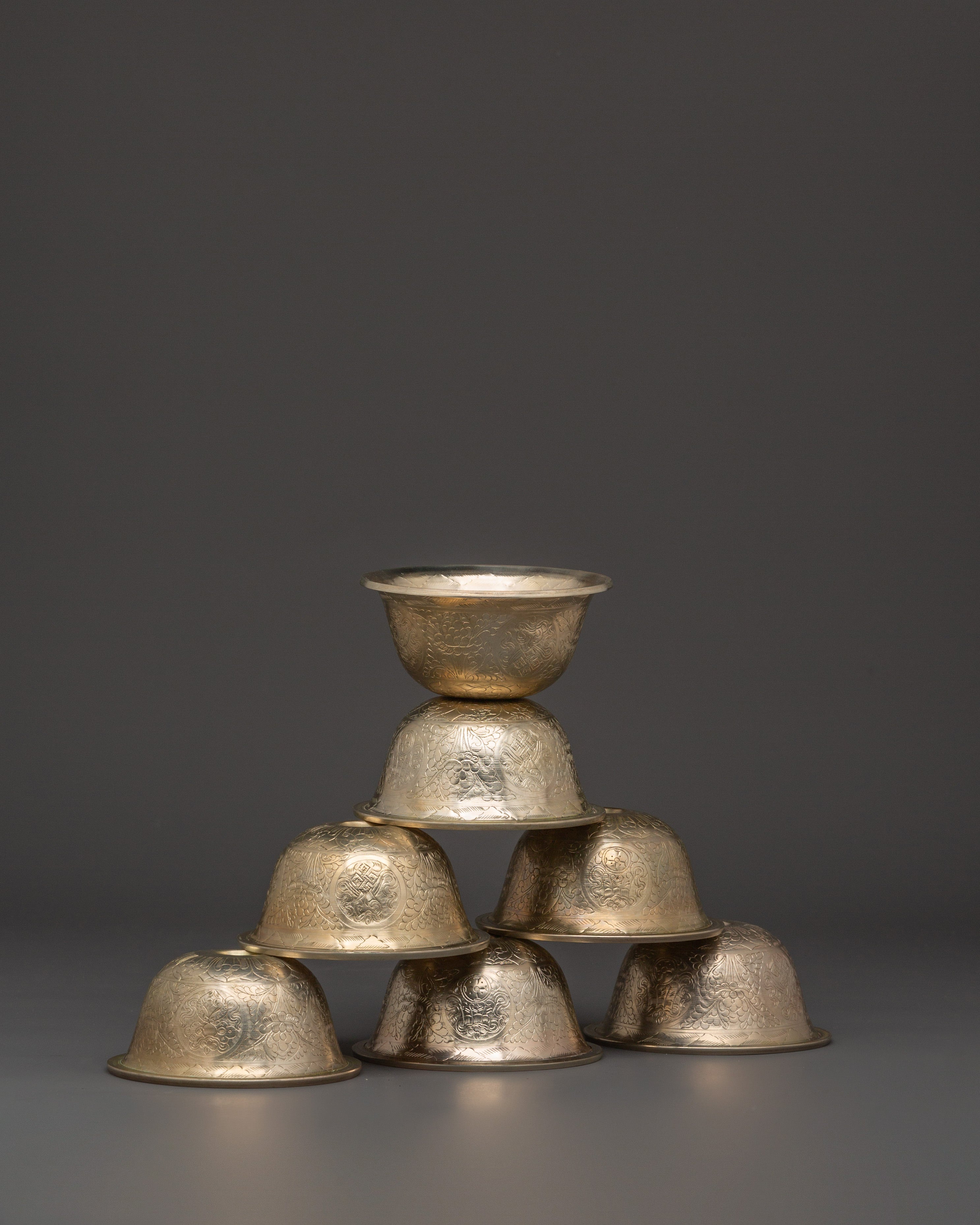 White Metal Offering Bowl Set | Tibetan Ritual Water Bowls