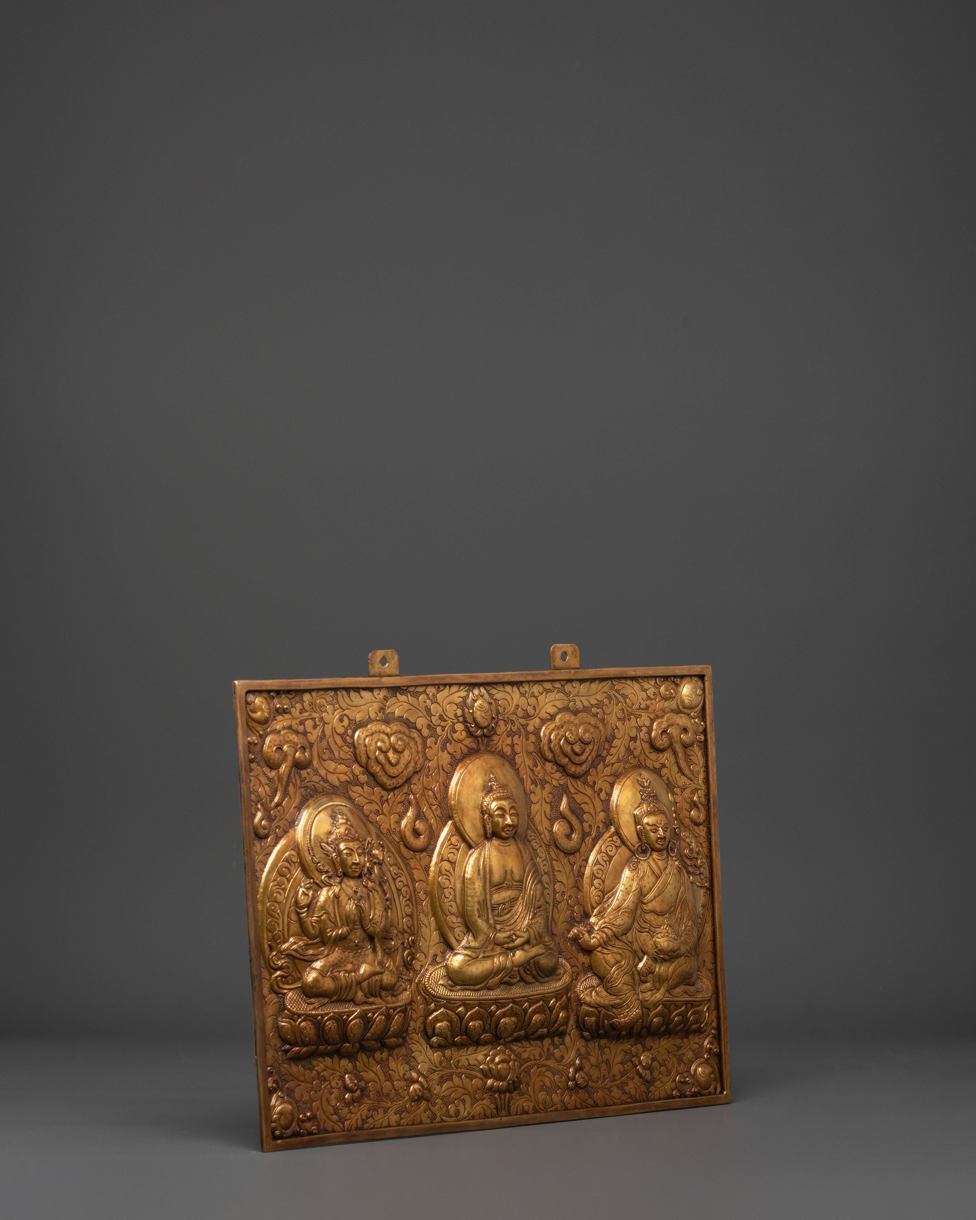 Handmade Buddhist Wall Hanging Brass | Three Buddha Trinity Sacred Art
