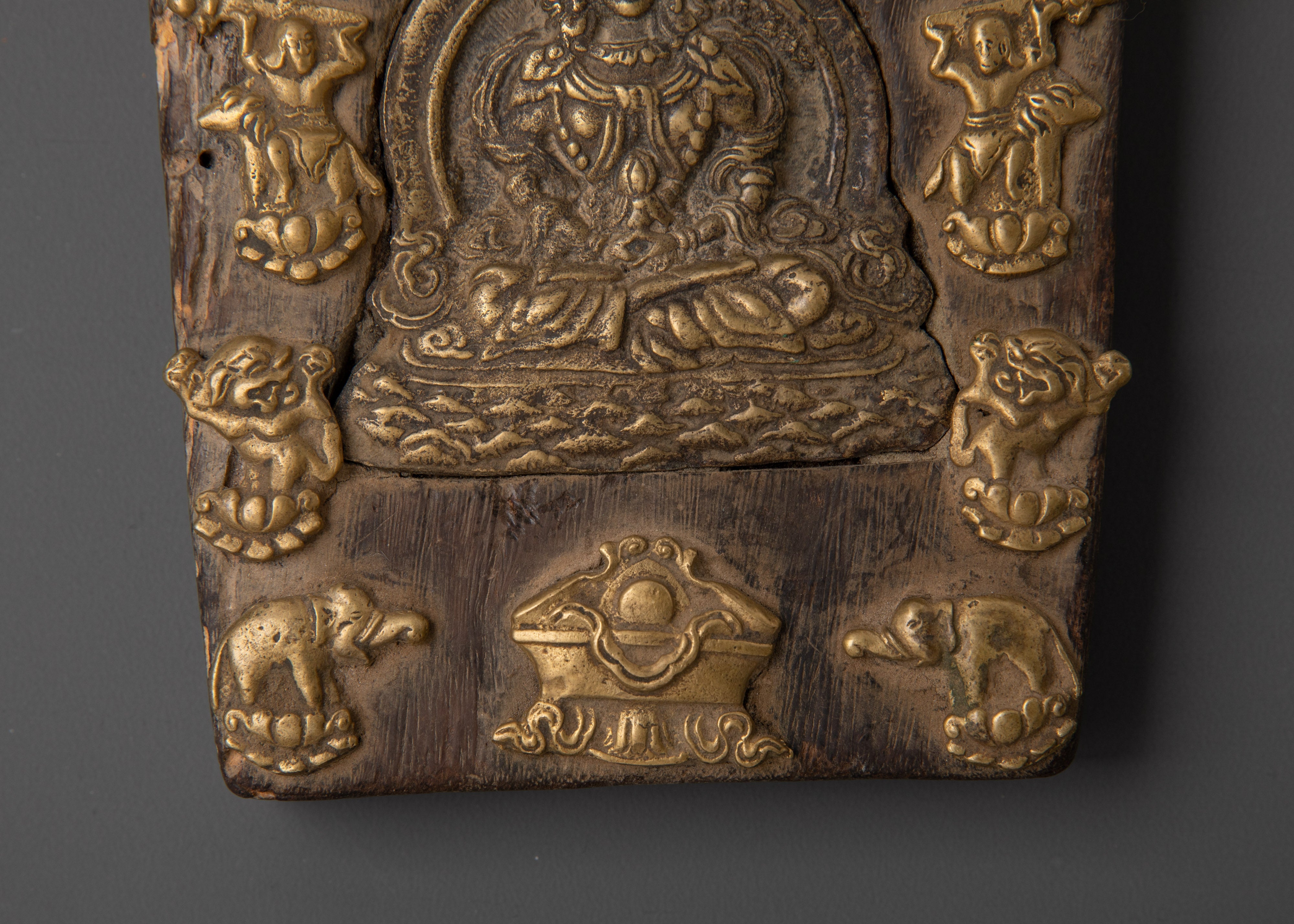 Handcrafted Tibetan Wood Ghau Box with Gold-Plated, Copper