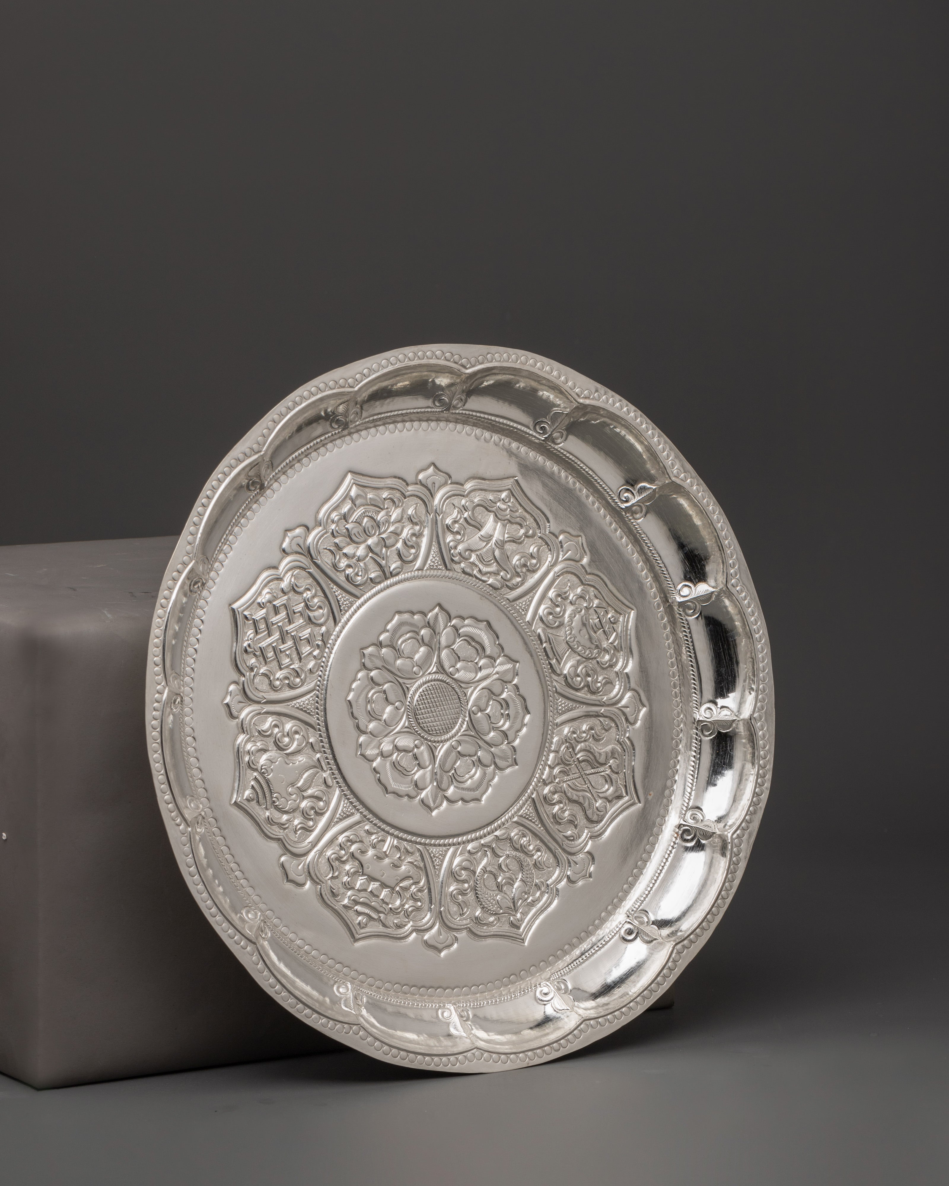 Pure Silver Pooja Thali with 8 Auspicious Symbols | Tibetan Buddhist Altar Plate for Rituals