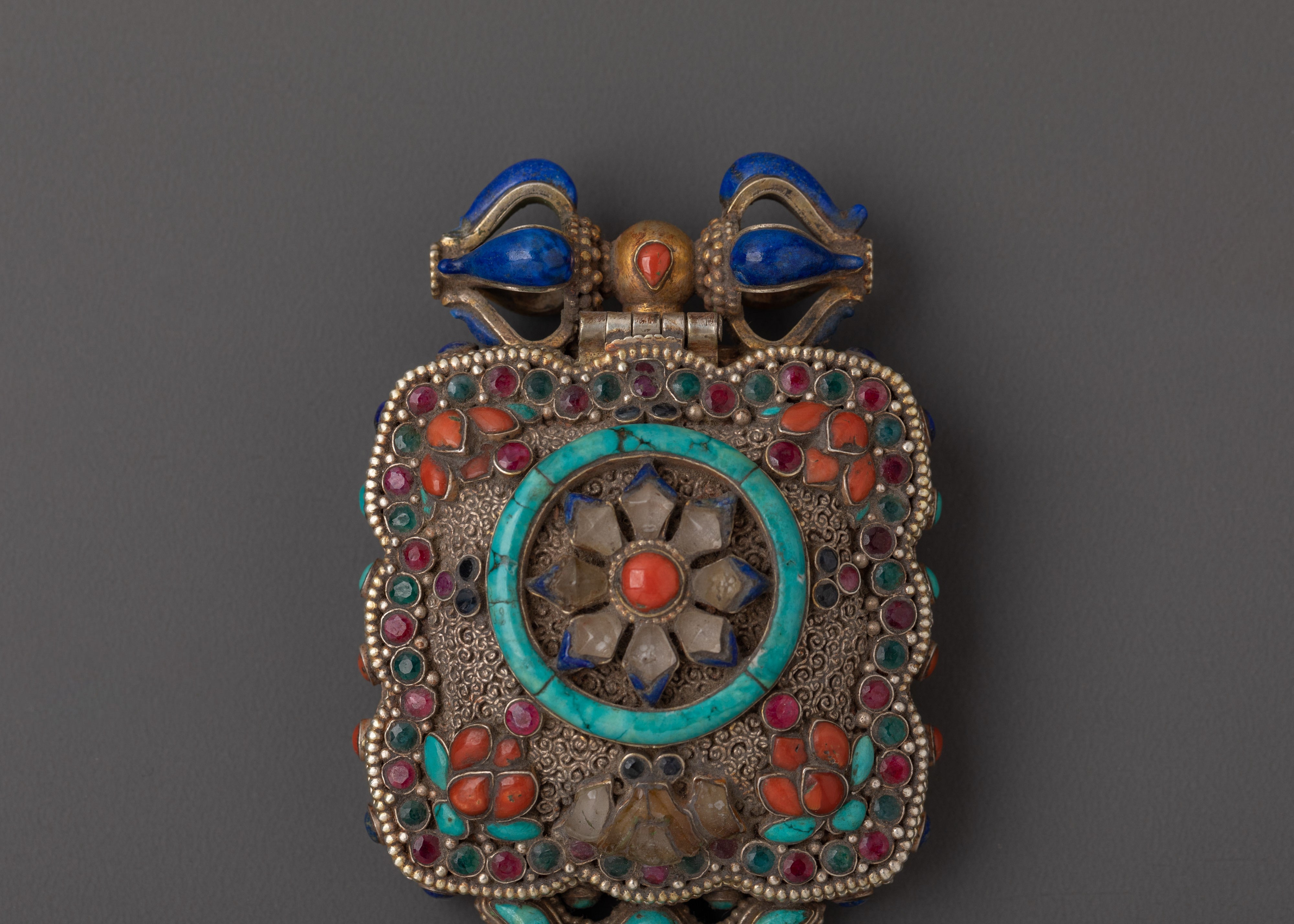 Tibetan Ghau Locket Charm | Silver Pendant with Turquoise