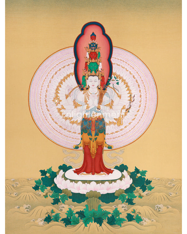 Om Mani Padme Hum: Avalokiteshvara Thangka | Bodhisattva Lokeswor Canvas with Opulent 24K Gold