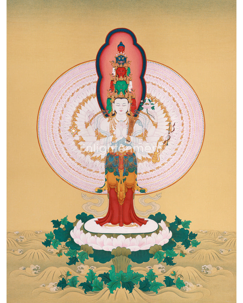 Om Mani Padme Hum: Avalokiteshvara Thangka | Bodhisattva Lokeswor Canvas with Opulent 24K Gold