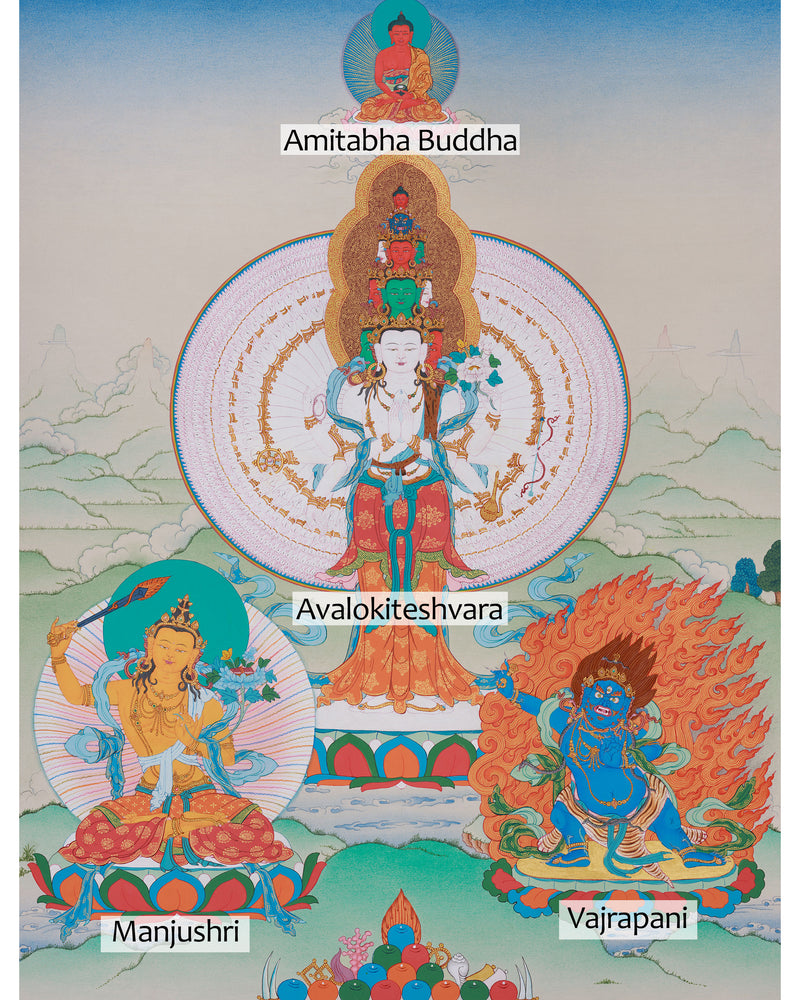 1000 Armed Chenrezig with Manjushri and Vajrapani | Compassion, Wisdom & Power