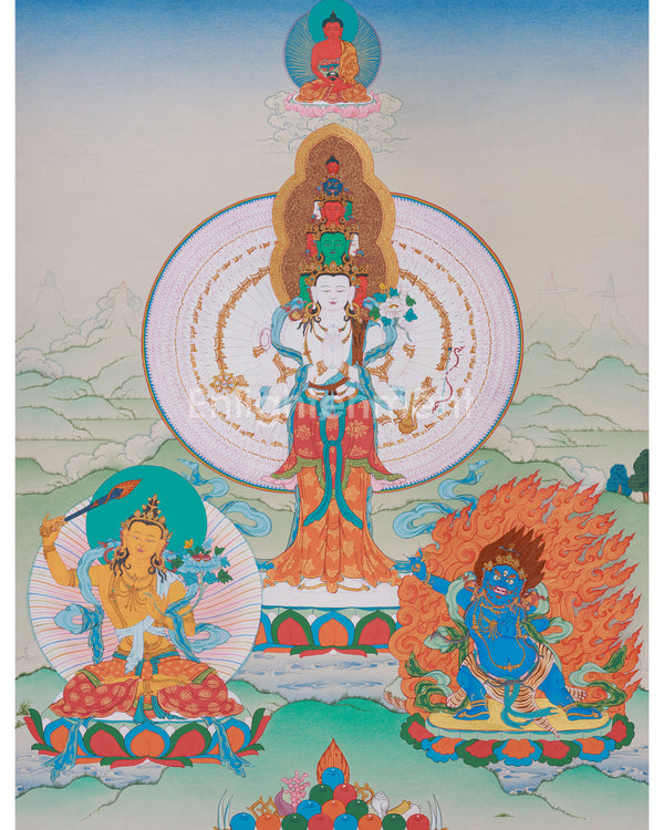 1000 Armed Chenrezig with Manjushri and Vajrapani