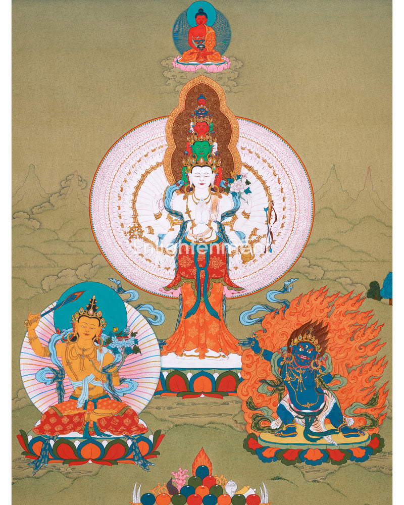 1000 arm Buddha, Avalokiteshvara Thangka | Manjushri & Vajrapani, Tibetan Art