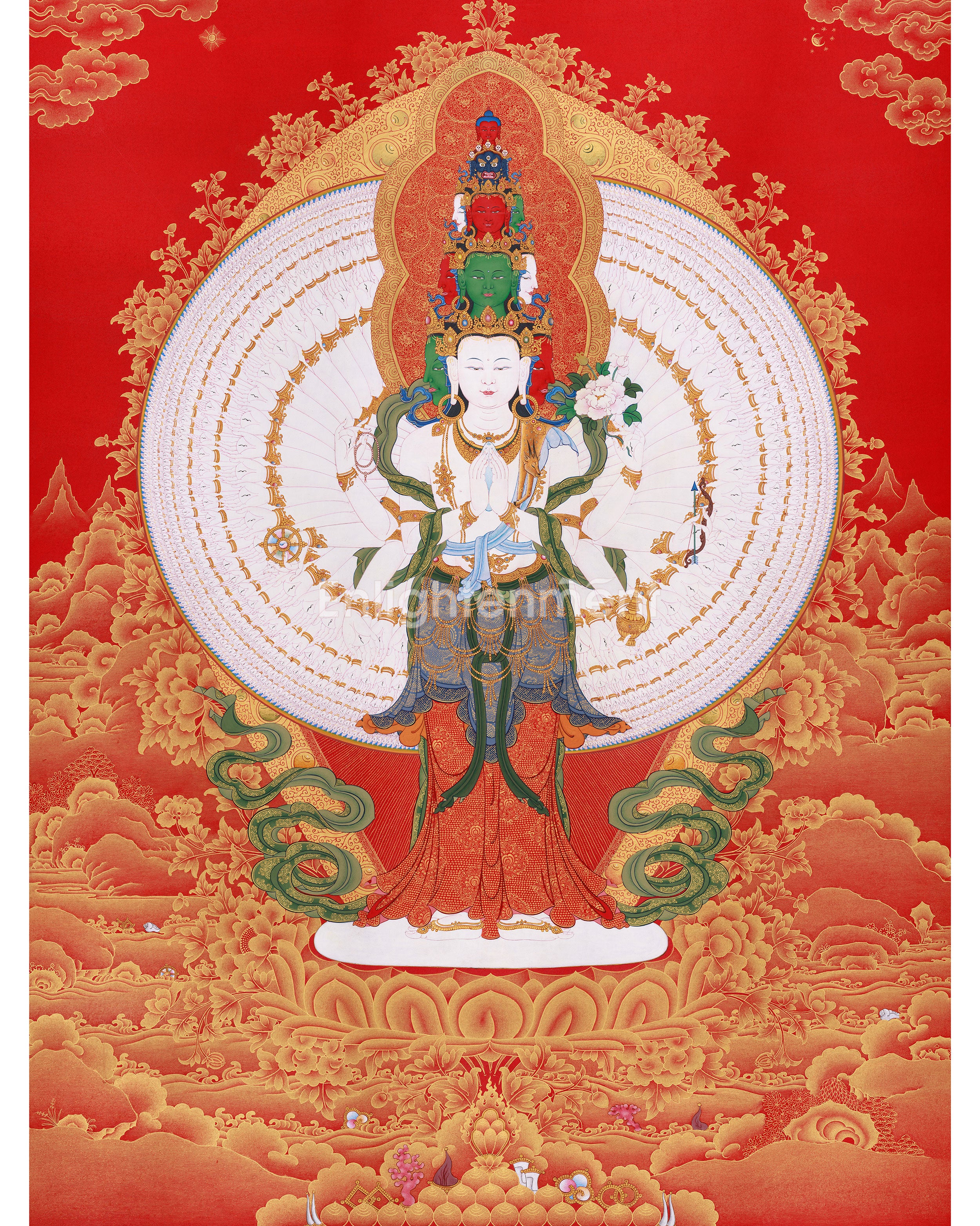 1000 Armed Avalokiteshvara Thangka | 24K Pure Gold Accents