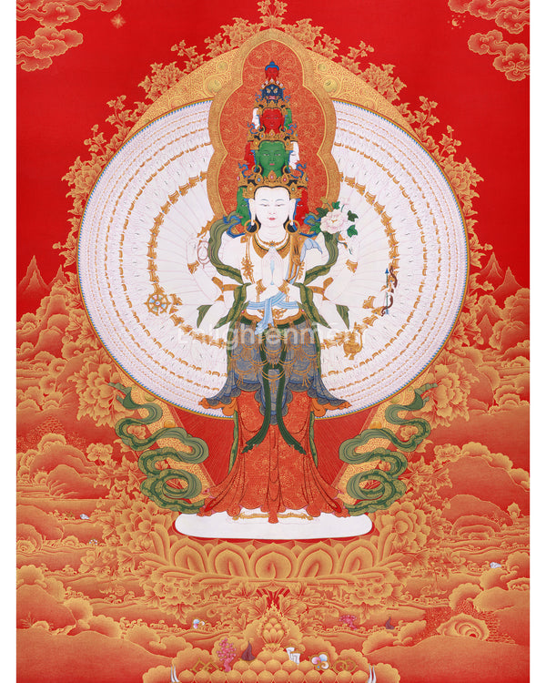 Large Hand-Painted 1000 Armed Avalokiteshvara Thangka | Buddha of Compassion with Pure Gold Accents