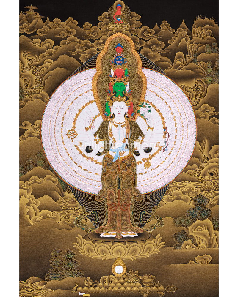 Namo Avalokiteshvara Thangka | Buddha of Compassion with Pure Gold Detailing