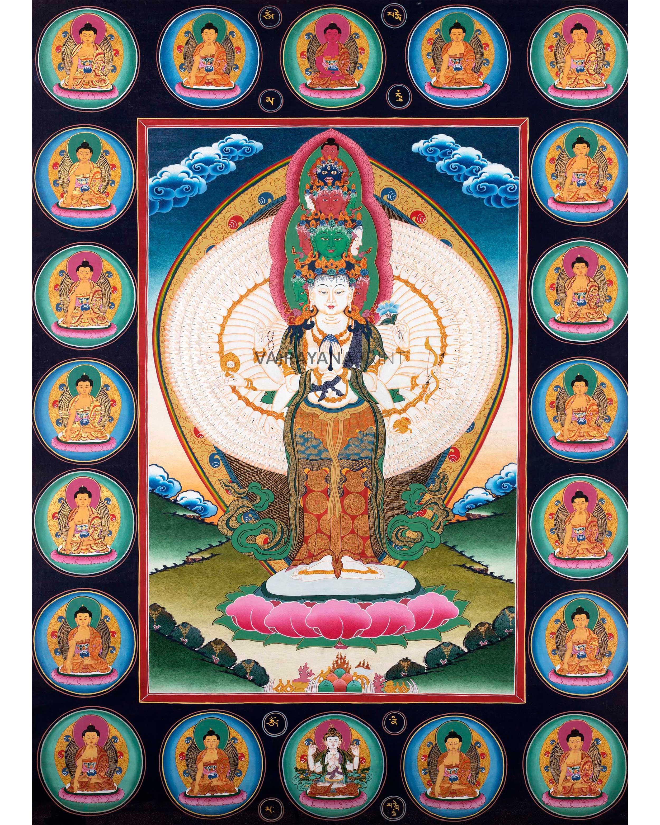 1000 Armed Chenrezig Thangka Print Surrounded by Celestial Deities