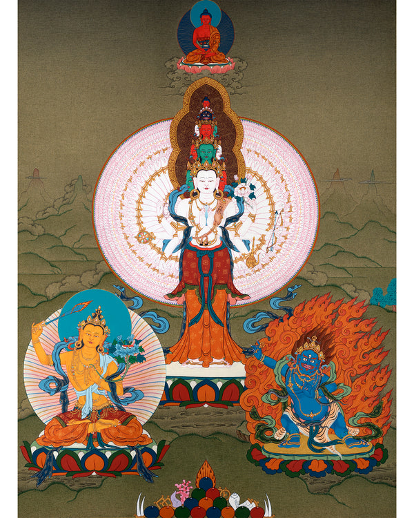 Avalokiteshvara, Manjushri & Vajrapani Thangka, 1000 Armed Chenrezig, Tibetan Buddhist Art