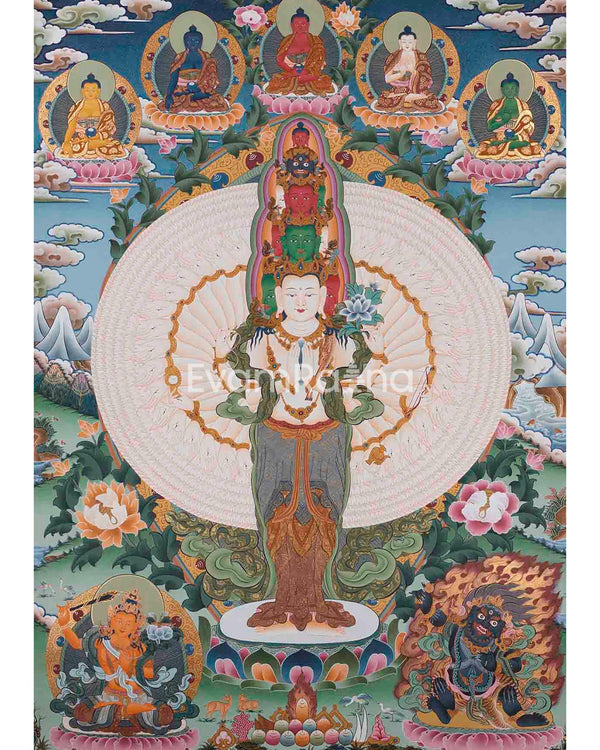 1000 Armed Chengrezig | Surrounded by 5 Buddhas, Manjushri, and Vajrapani |