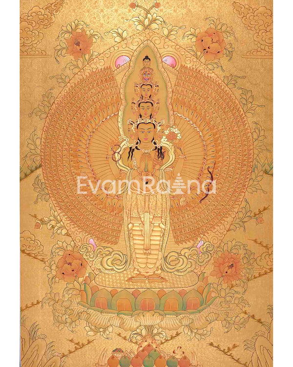 Genuine 24K Full Gold Lokeshvara Thangka Painting | 1000 Armed Avalokiteshvara | Tibetan Wall Decoration | Arts For House and Office Decor