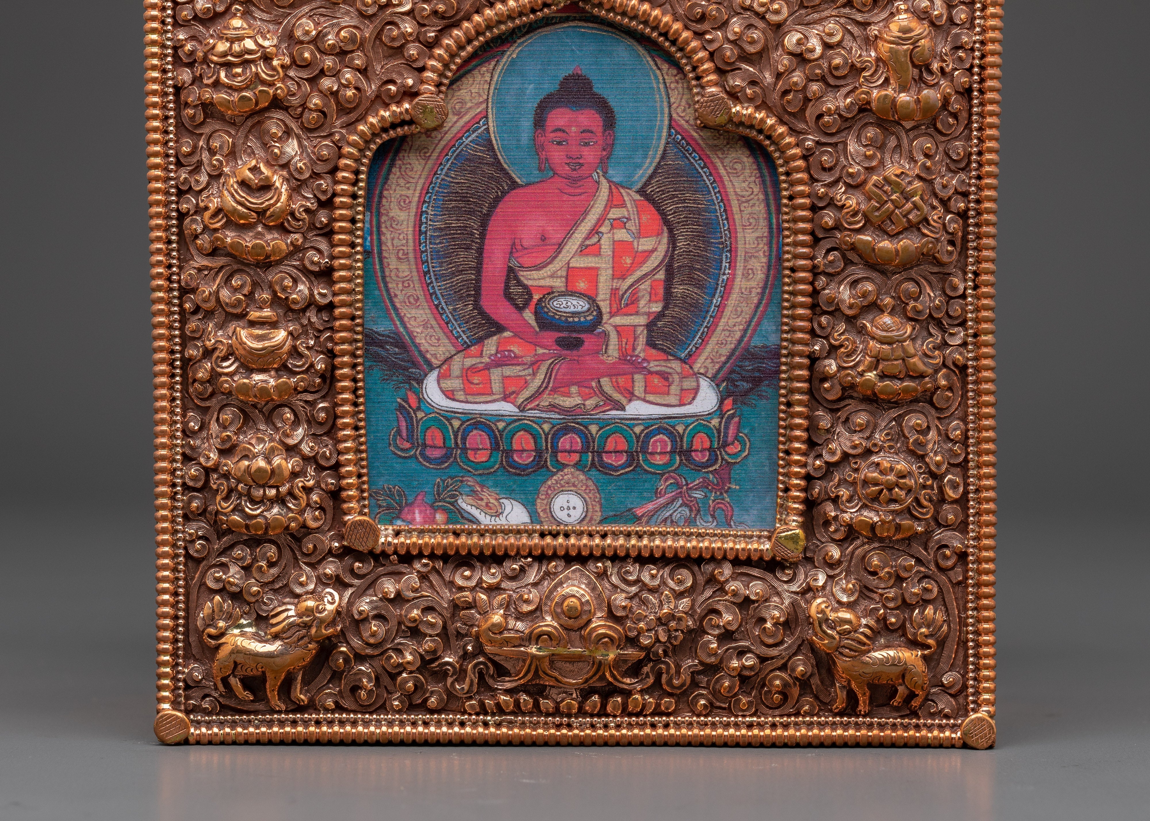 Copper Shakyamuni Buddha Ghau Box | Ritual Box for Sacred Artifacts