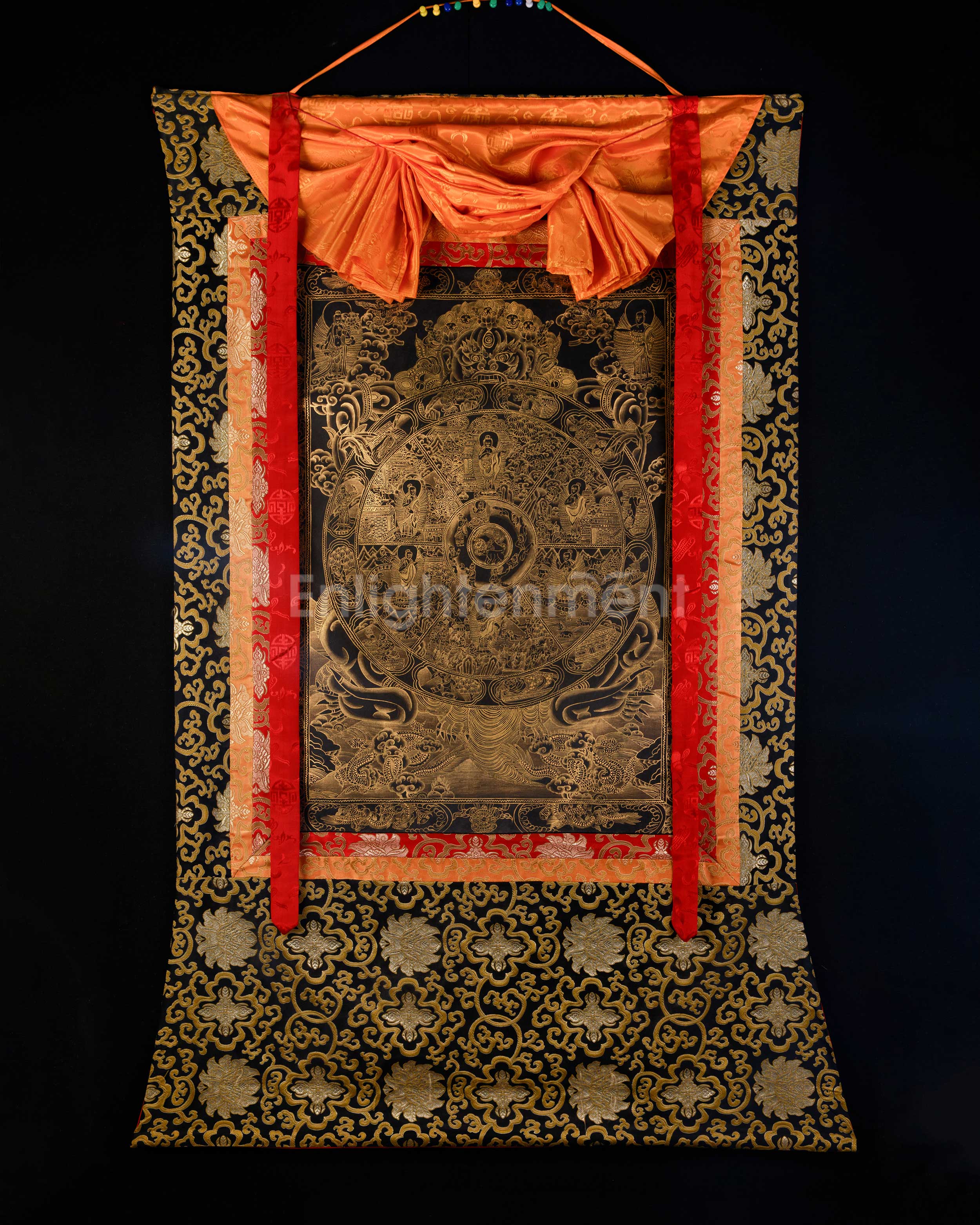 The Wheel of Life (Bhavacakra) Thangka | Fully Gold Embellished on Black Canvas, Brocade Mounted | Tibetan Masterpiece of Samsara