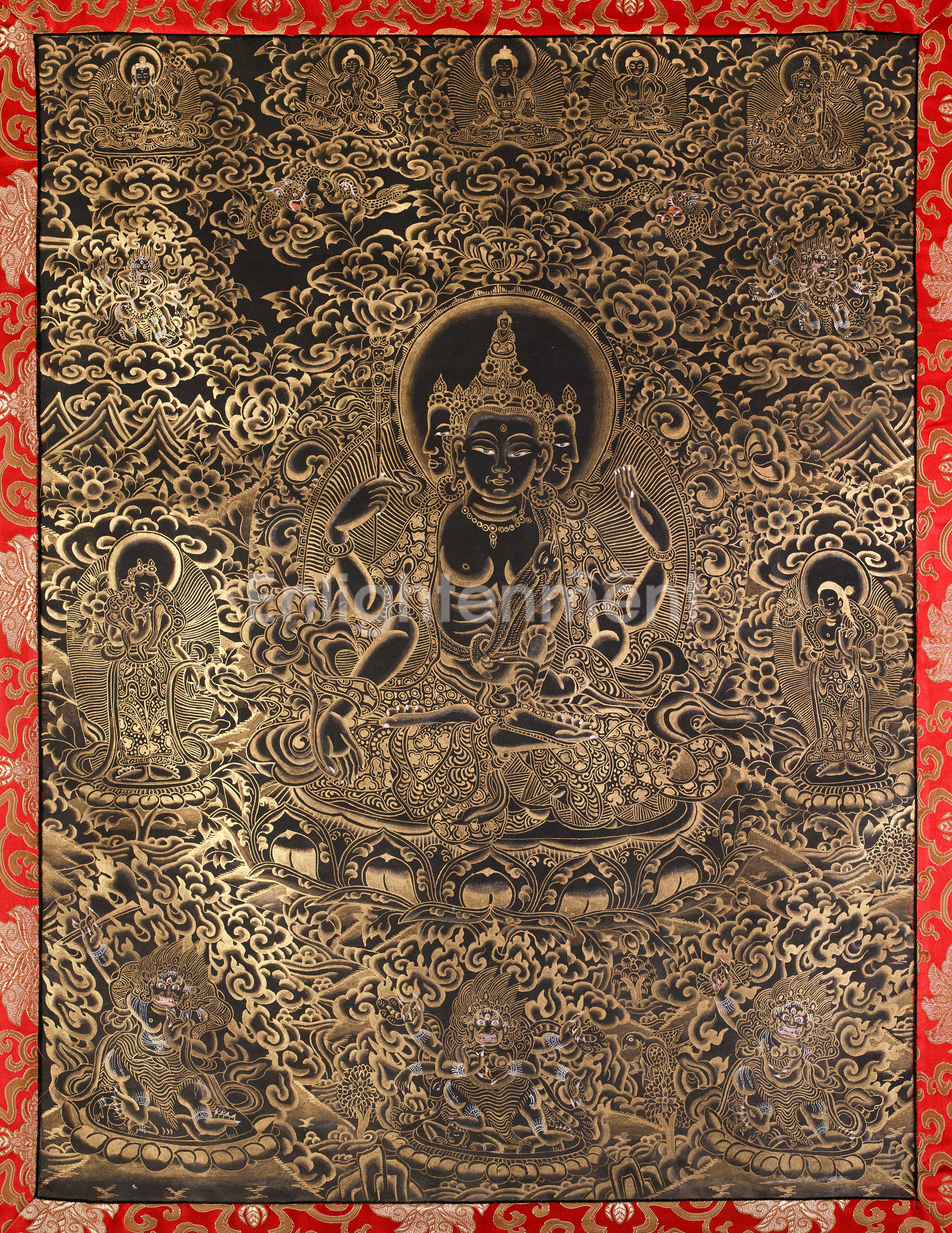 Unique Gold-Embellished lokeswara Thangka | Brocade Mounted