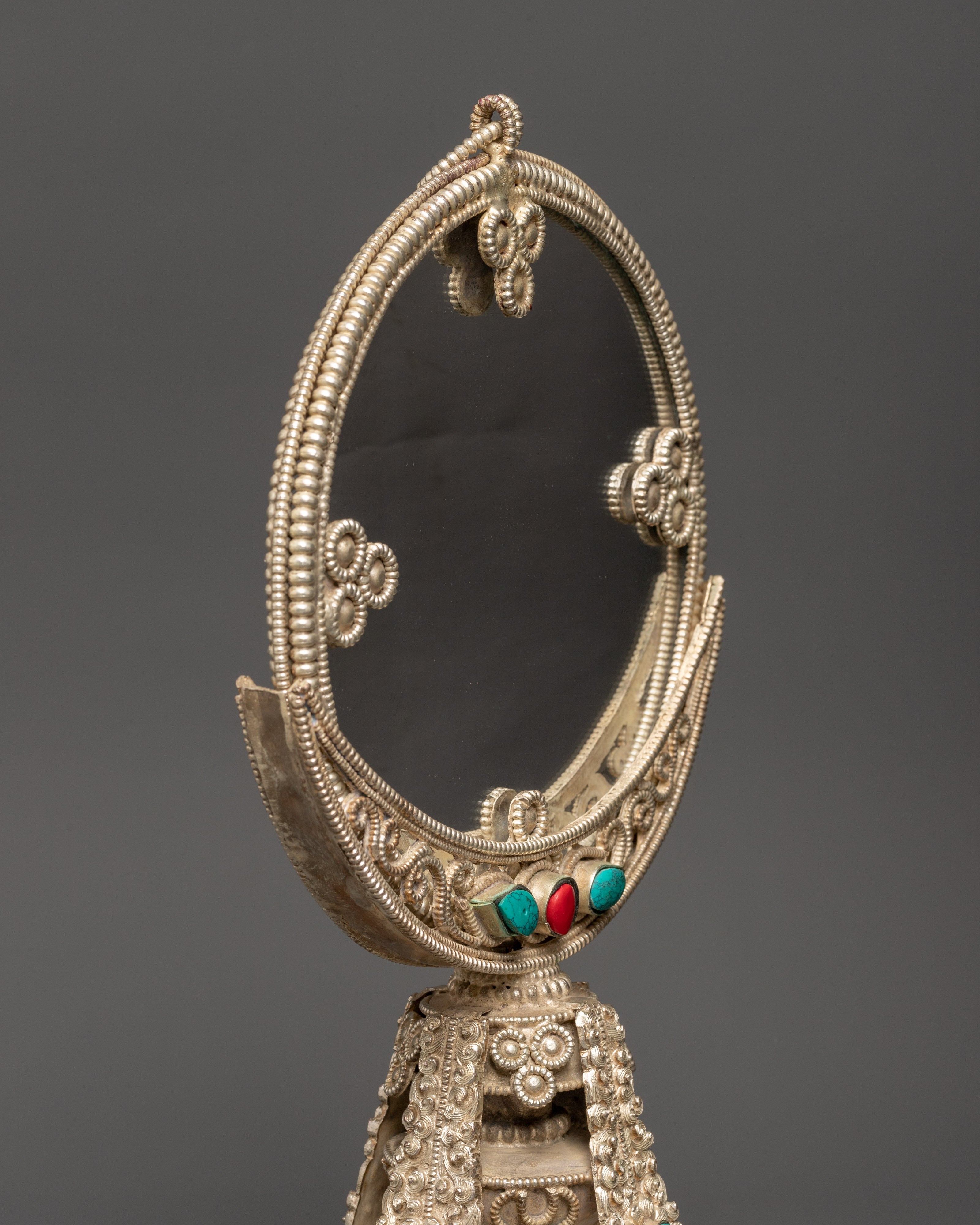 Tibetan Double-Sided Mirror |  White Metal Buddhist Altar Decor