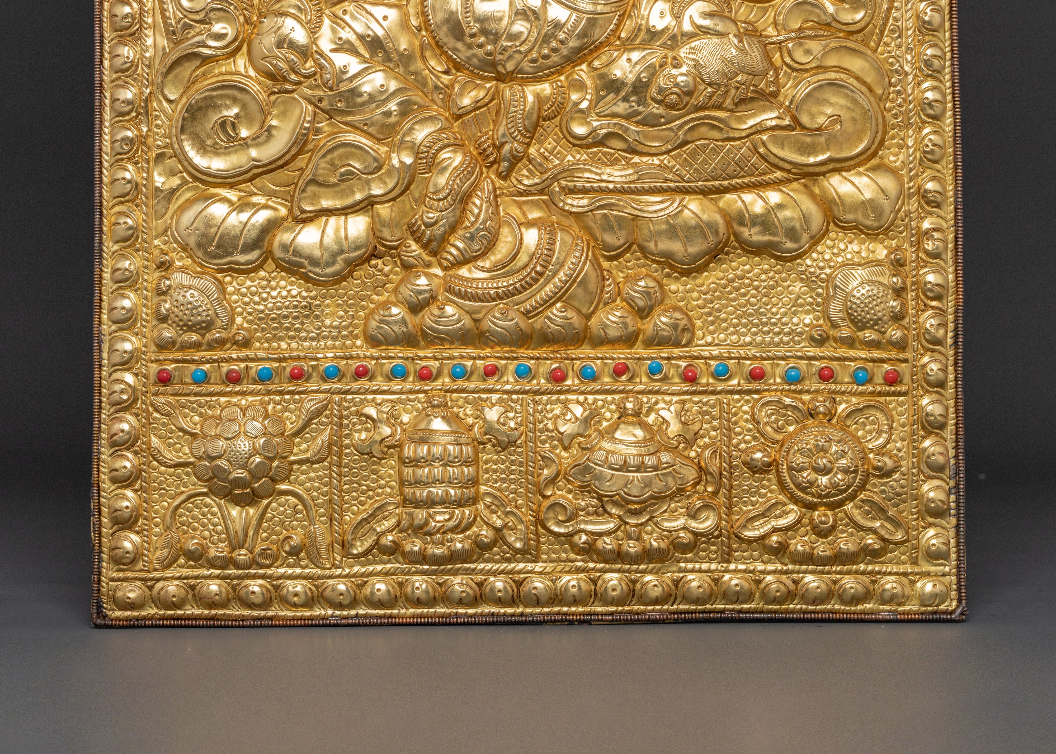 Dzambhala Metal Thangka Wall Hanging | Brass Tibetan Wealth Deity Artwork