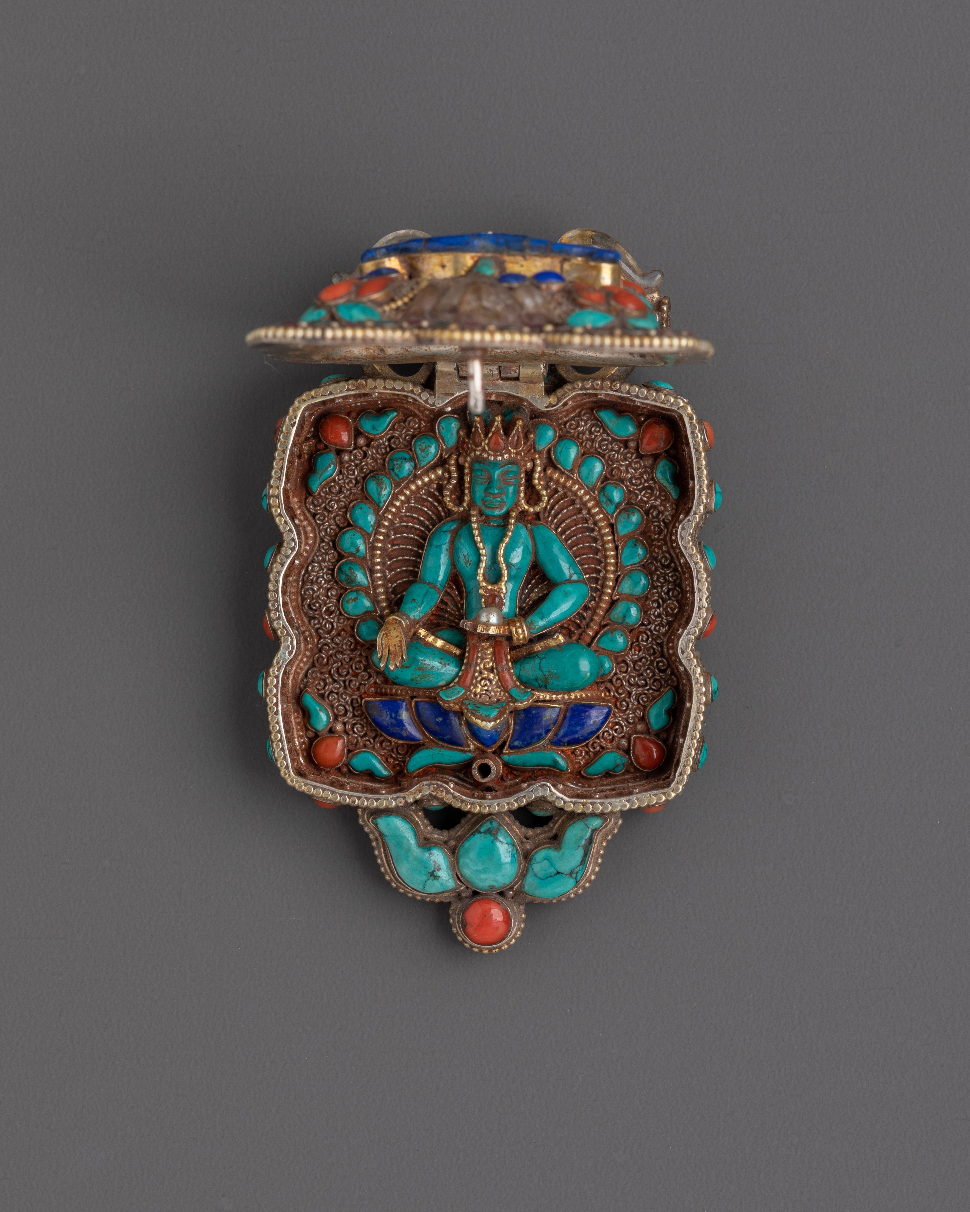 Spiritual Ghau Locket | Handcrafted Silver Pendant with Coral, Turquoise