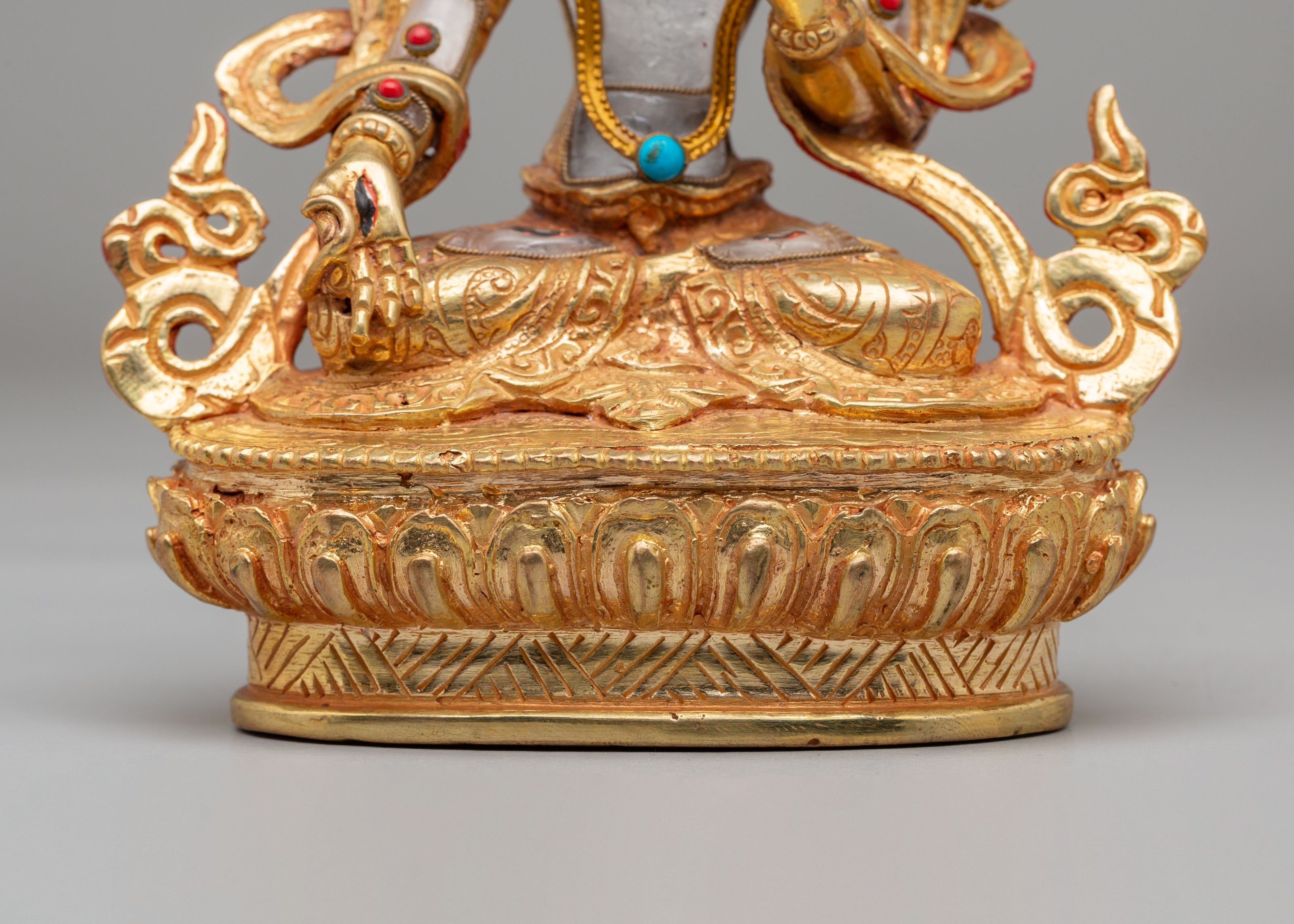 White Tara Spiritual Sculpture | Copper Buddhist Statue with Gemstone Details