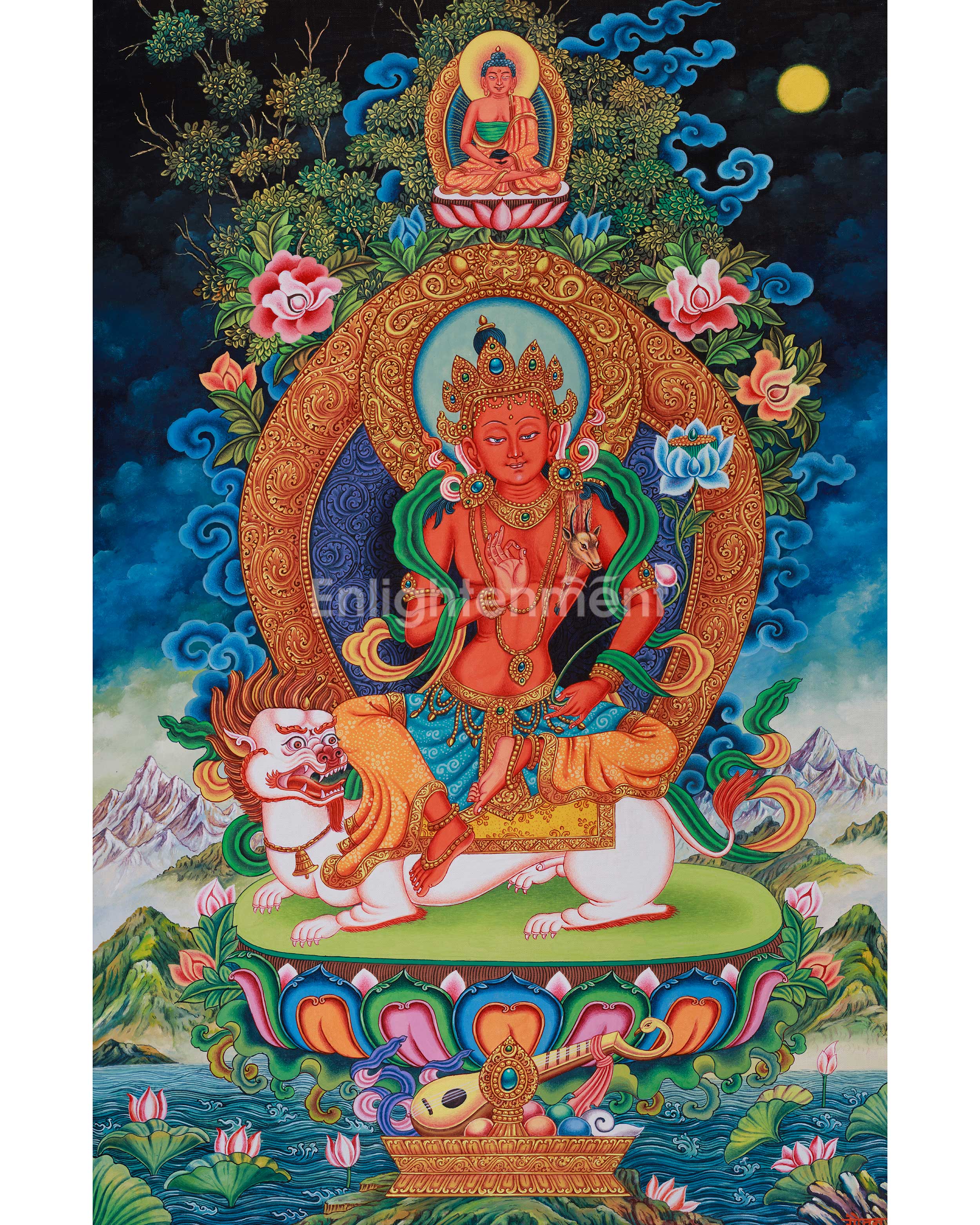 Tibetan Simhanada Lokeshvara Thangka | Devotional Bodhisattva Thangka for Meditation