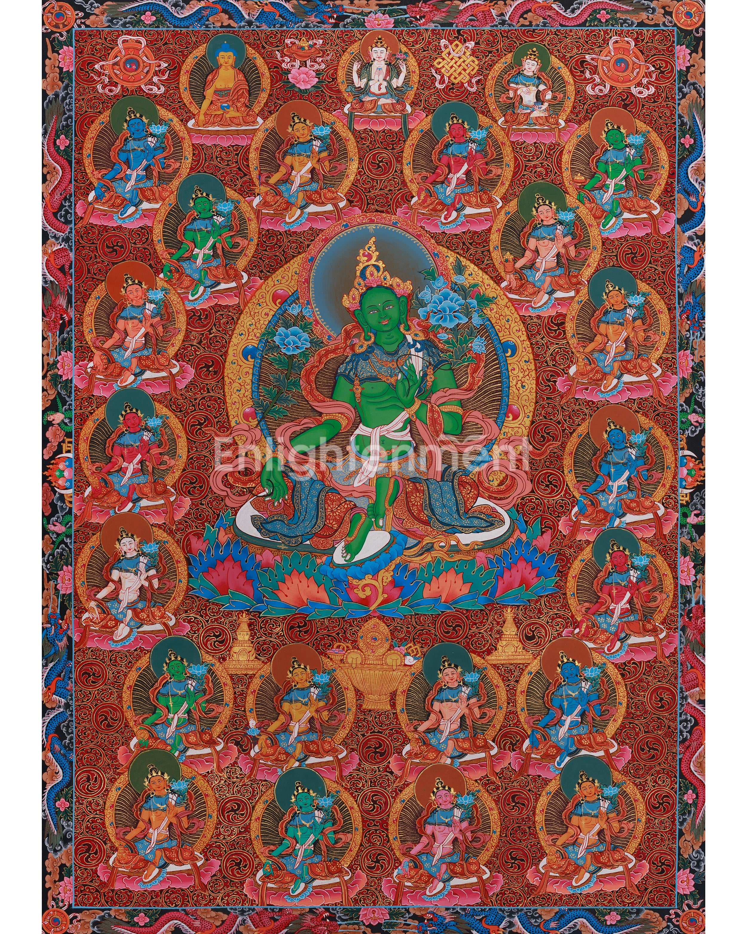 Divine Twenty-One Taras Thangka | The Compassionate Goddess & Her Emanations