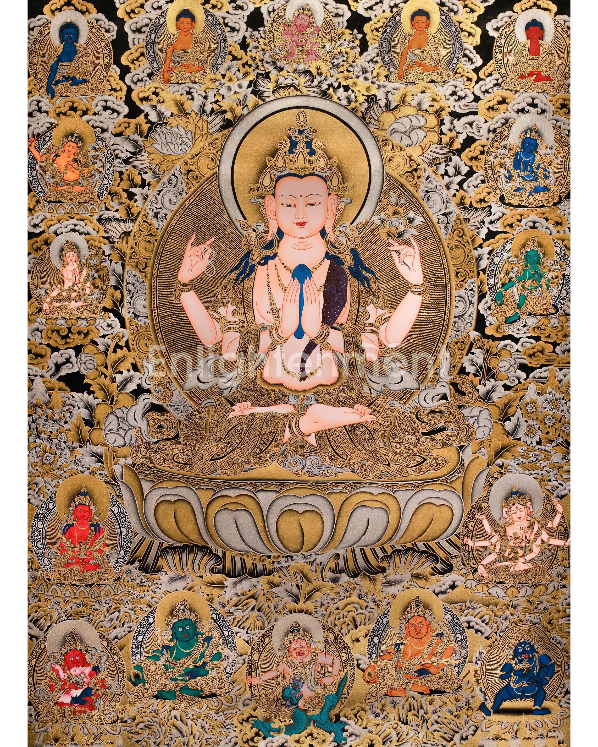 The Tranquil Presence of 4 arms Avalokiteshvara | Gold Embellished Thangka of Compassion