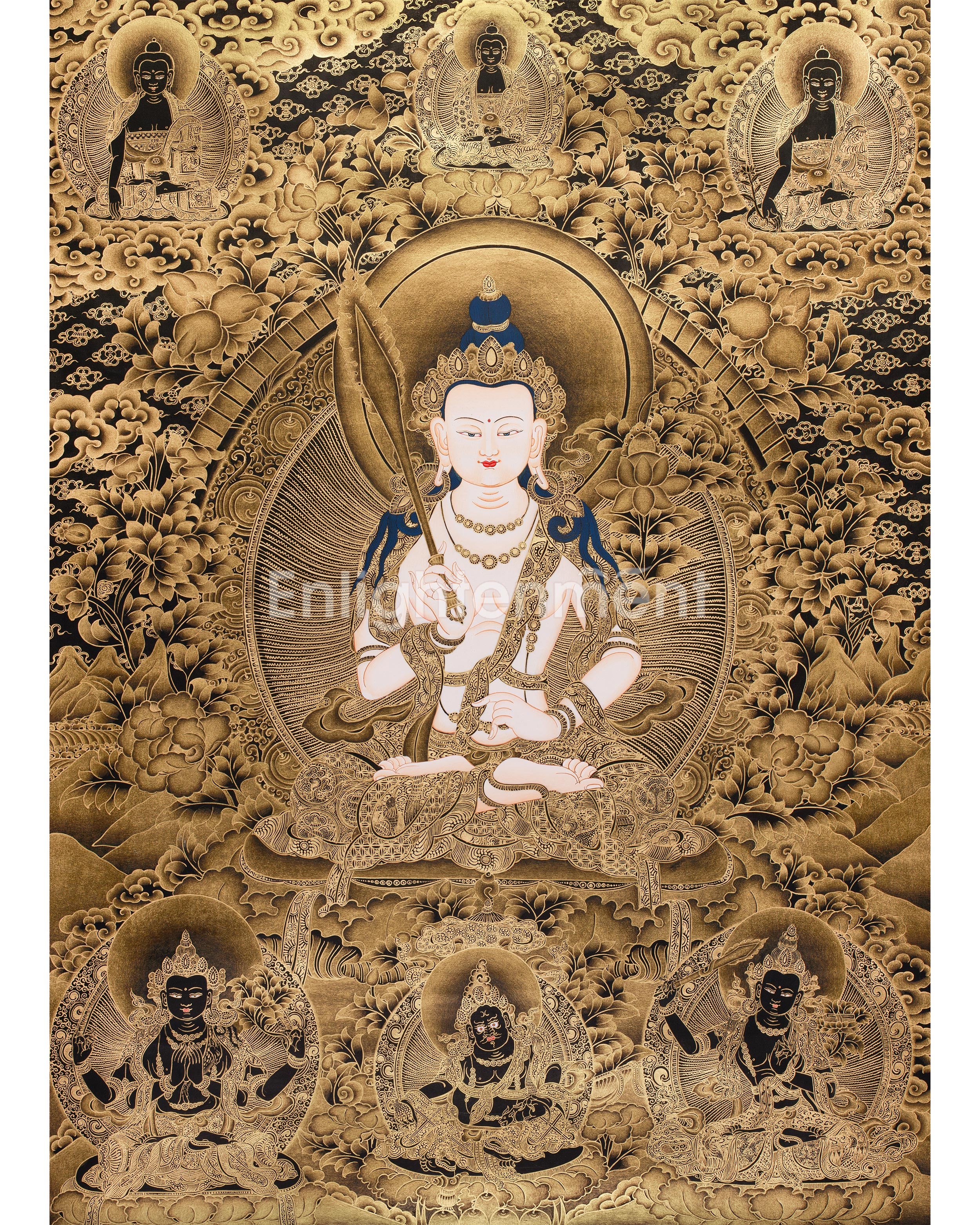 Bodhisattva Akasagarbha Thangka | Fully Gold Embellished on Black Canvas