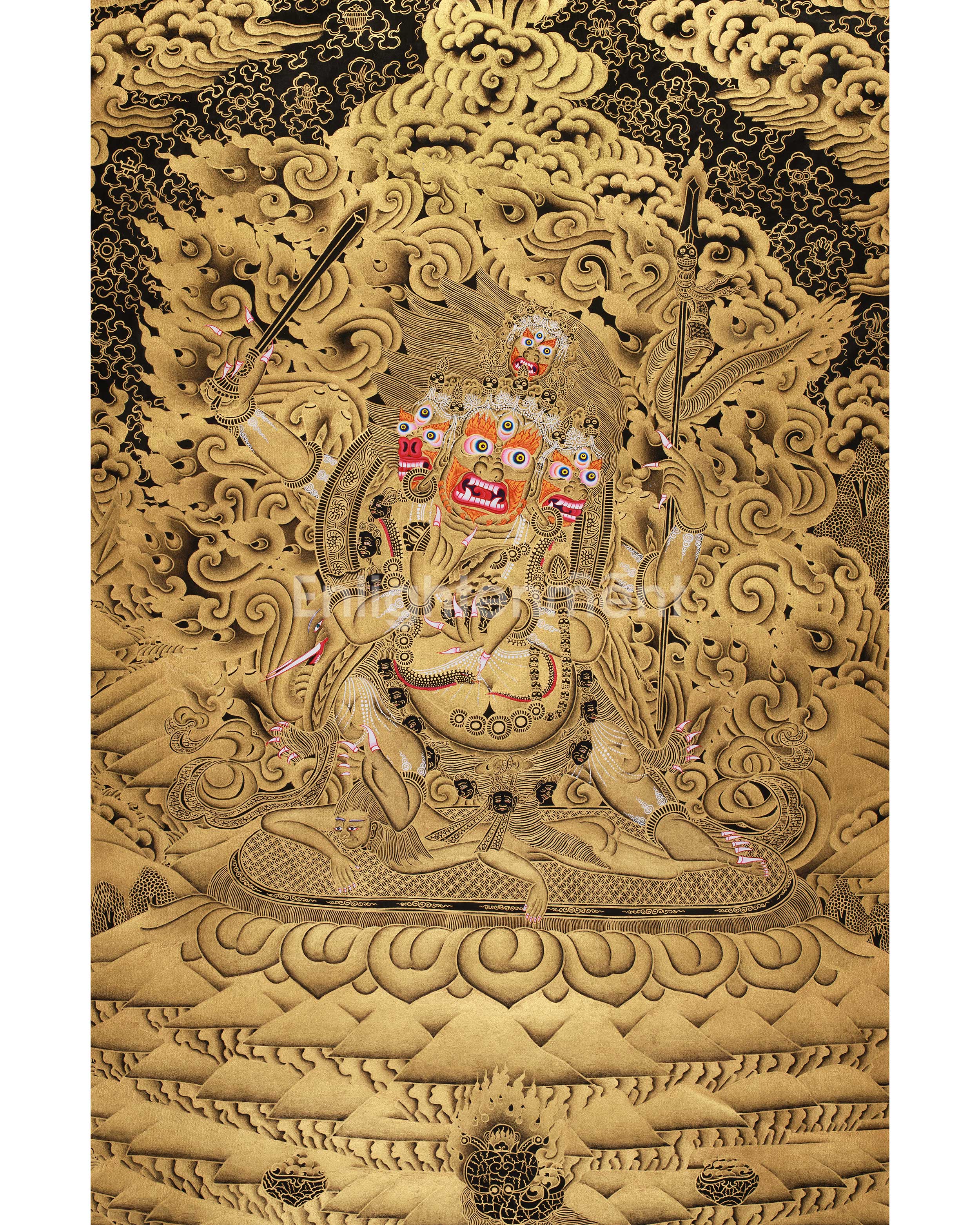 Fierce Protector Mahakala Thangka | Masterful Gold Detail on Black Canvas