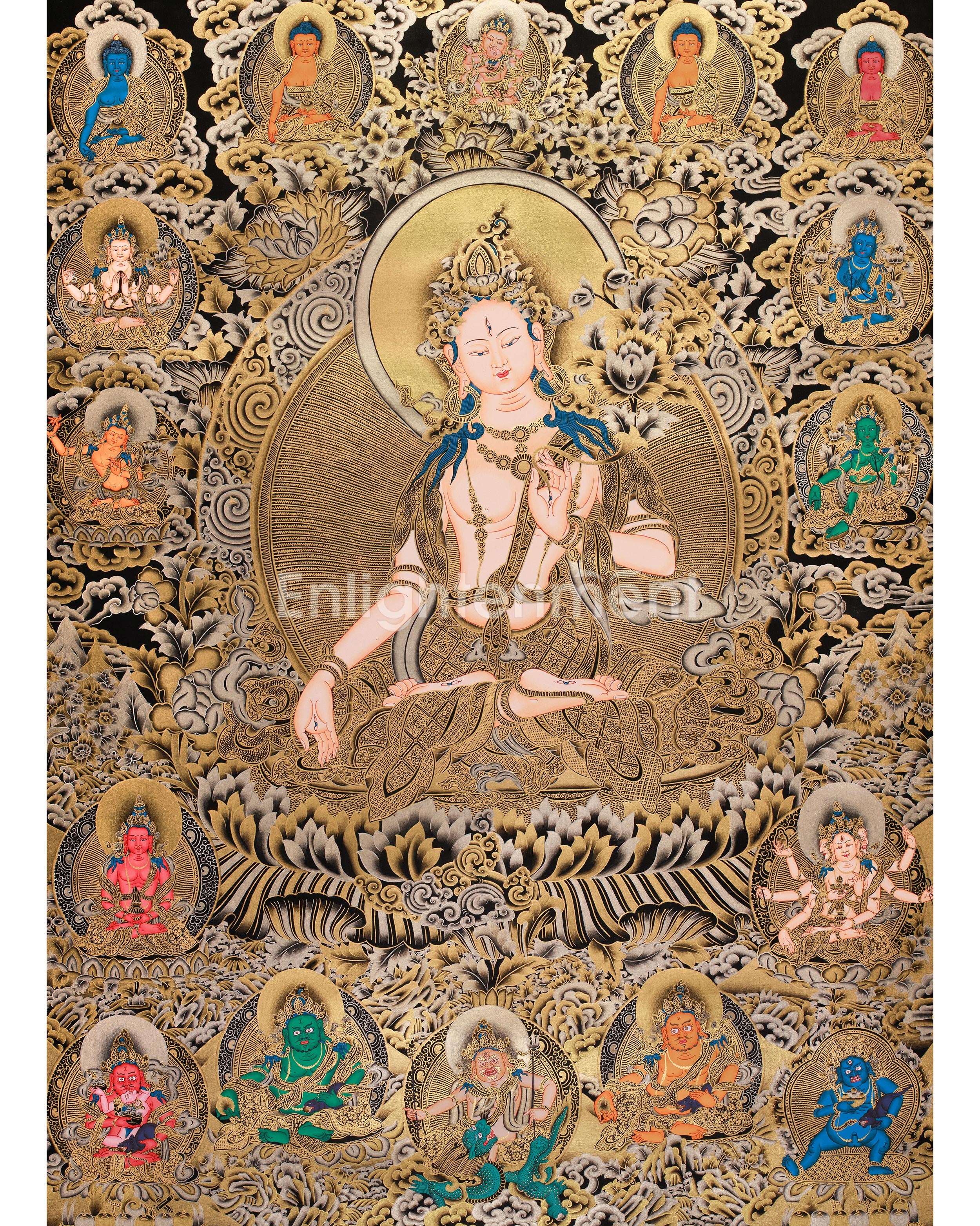 Regal 24K Gold Thangka of White Tara | Ethereal Presence of Goddess Dolma