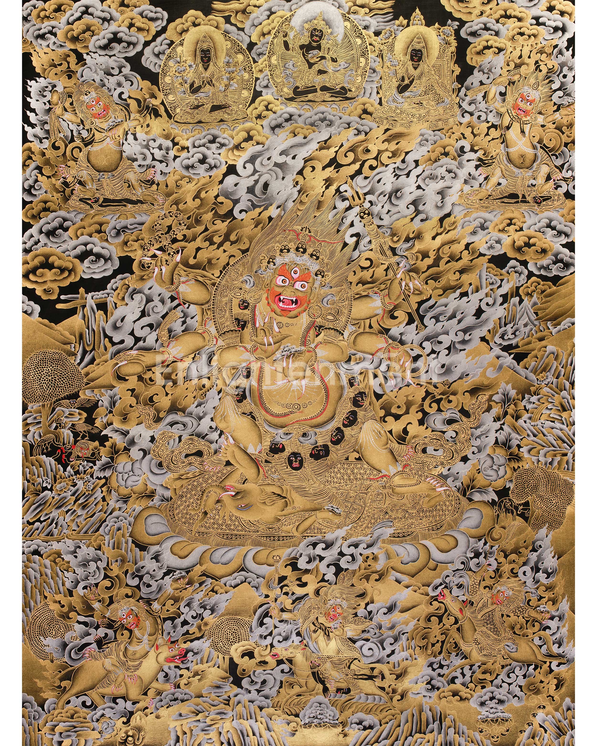 The Wrath of Mahakala | Pure Silver & Gold Embellished Thangka of the Dharma Protector