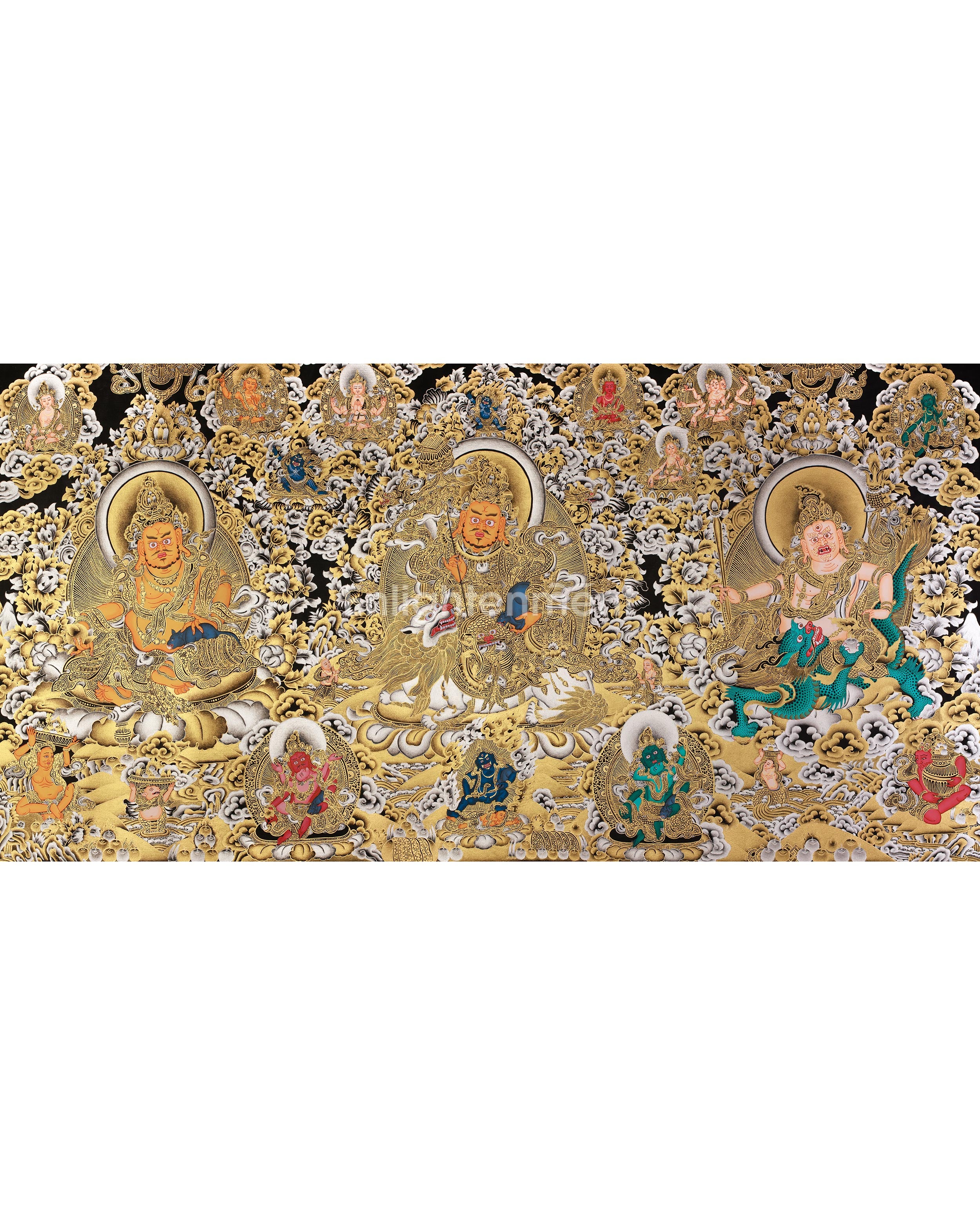 Rare Five Dzambhalas Thangka Masterpiece | Pure Silver & Gold Splendor