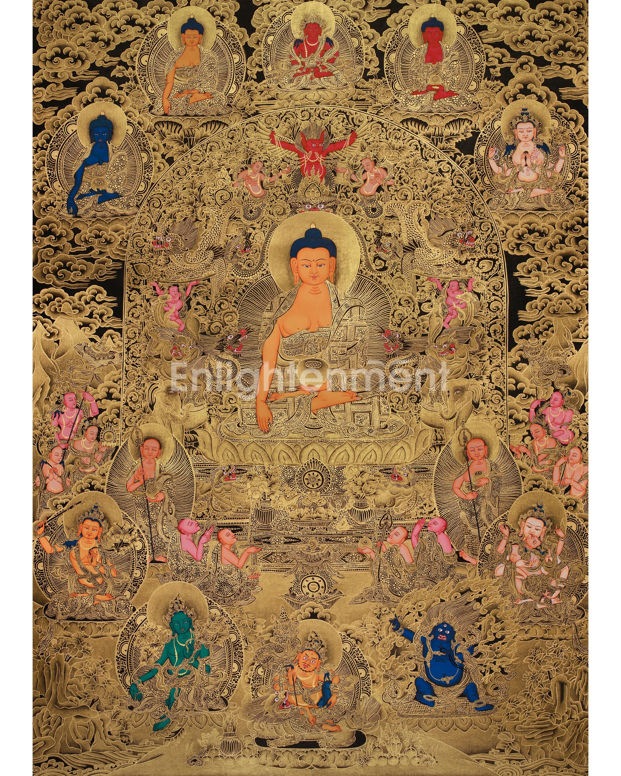 Opulent Gold Thangka of Historical Shakyamuni Buddha | The Awakened One in Elaborate Gold Throne
